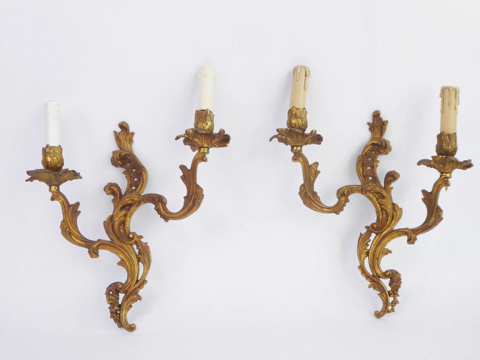 Antique French Pair Of Wall Lamps, Large Rococo Brass Wall Sconces, Pair Of Golden Appliqués photo furniture