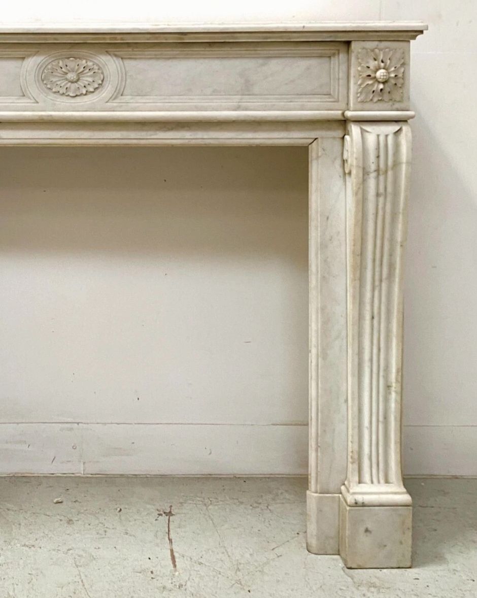 Louis XVI Style Fireplace In White Marble Veined From Carrara 19th Century photo vintage