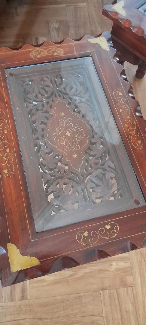 Long John Coffee + 2 Side Tables Nest Carved Indian Inlaid Cherrywood Glass photo 95.0