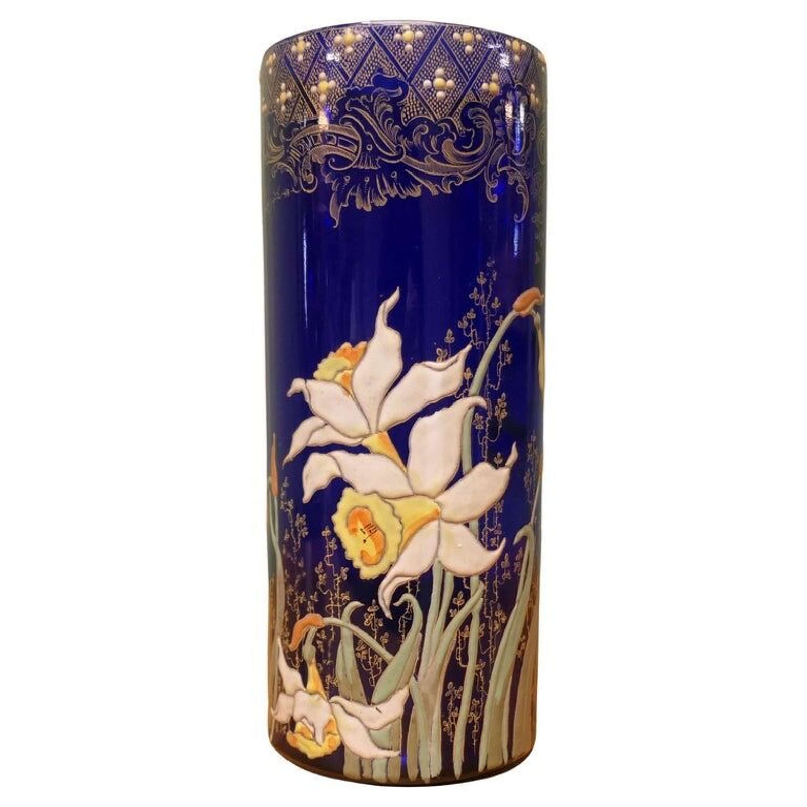 A Stunning Cobalt Blue Enamelled Vase With Daffodils