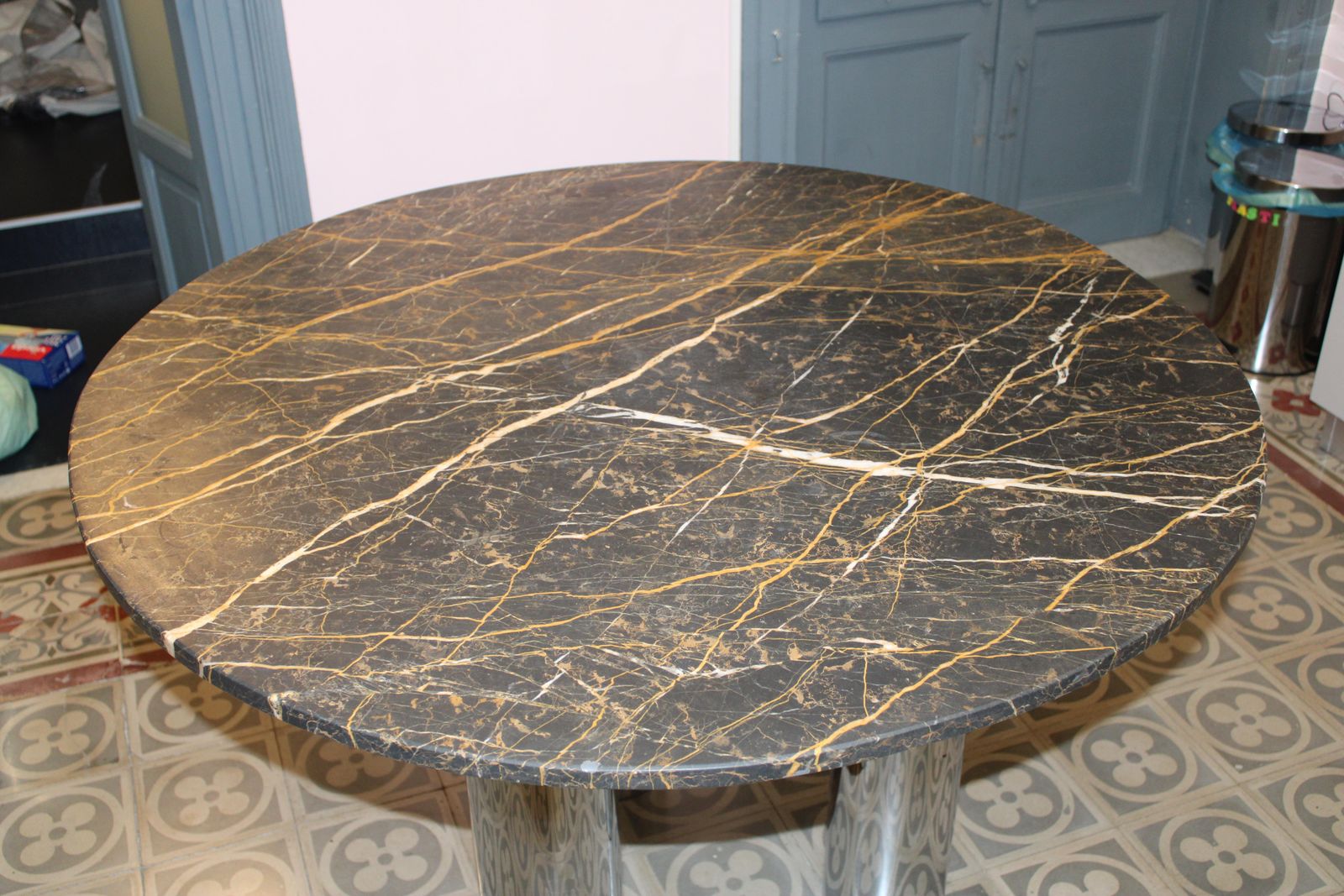 Dining Table With Steel Leg And Portoro Marble Top, 1970s Italy photo for sale