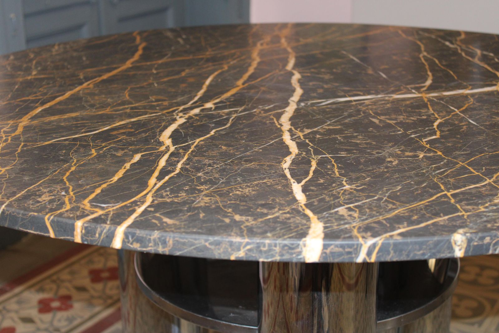 photo for sale Dining Table With Steel Leg And Portoro Marble Top, 1970s Italy