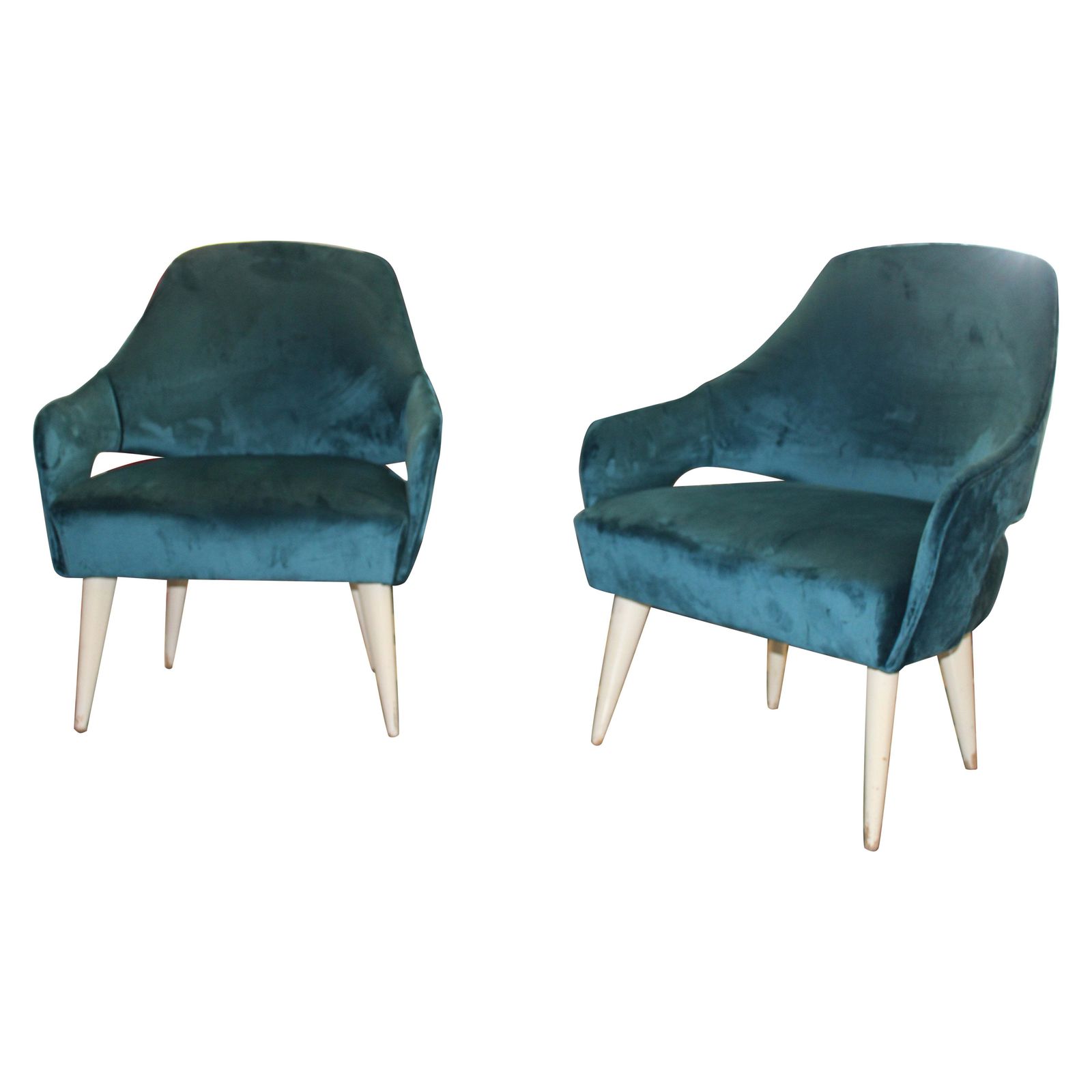 Pair Of Dassi Armchairs, 1950s Italy, Green Velvet, White Lacquered Wooden Feet