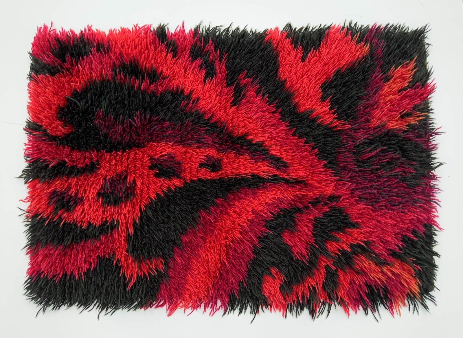 Vintage Red Scandinavian Design Wool Rya Rug Woven Handmade Vintage 1970s photo Textiles
