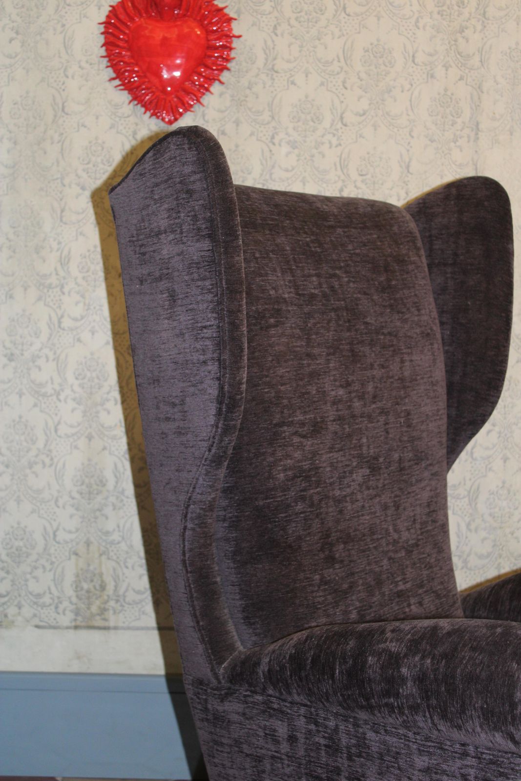 Italian Wingback Armchair By Paolo Buffa, 1950, Grey Velvet, Wooden Legs. photo Furniture