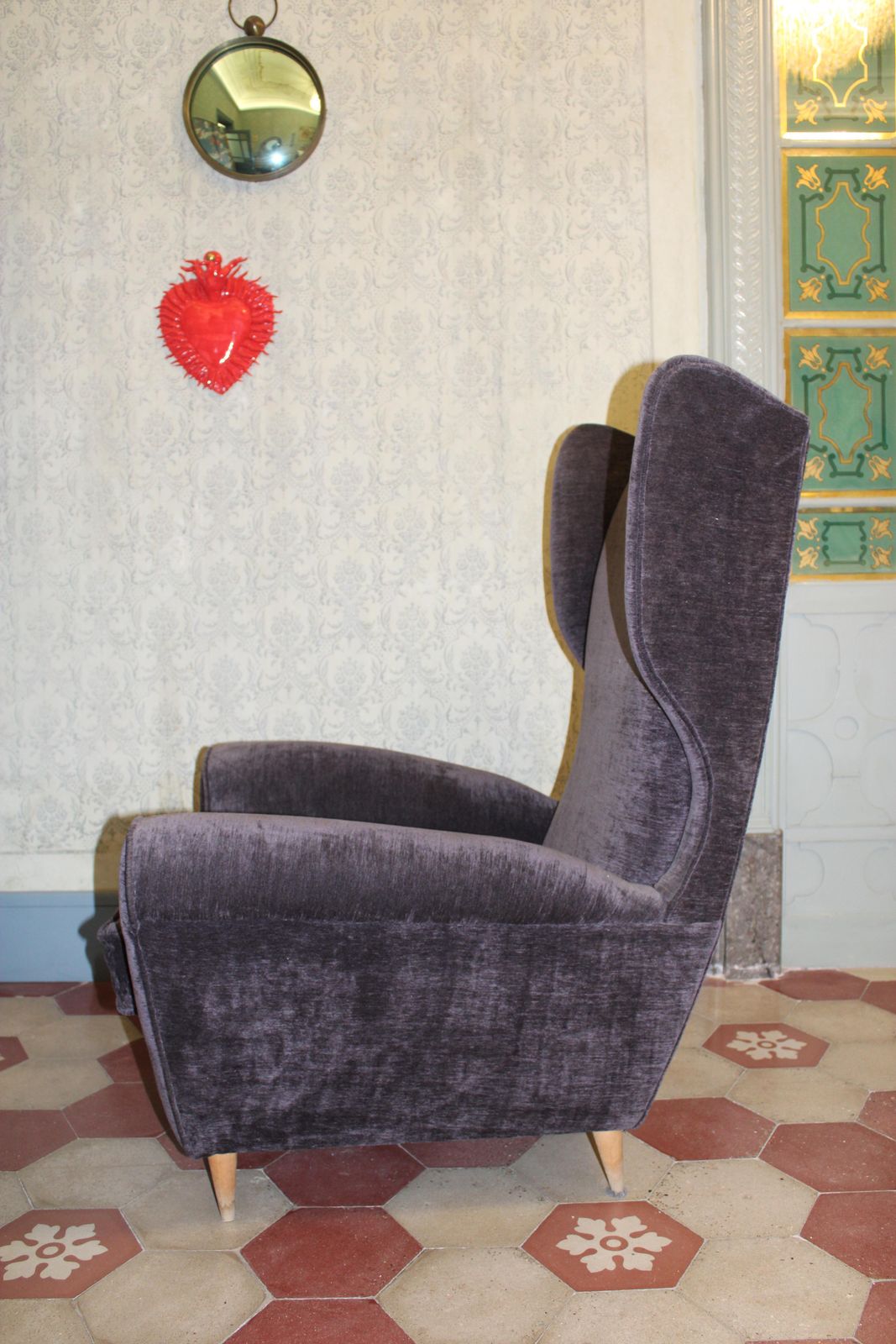 Italian Wingback Armchair By Paolo Buffa, 1950, Grey Velvet, Wooden Legs. photo buy