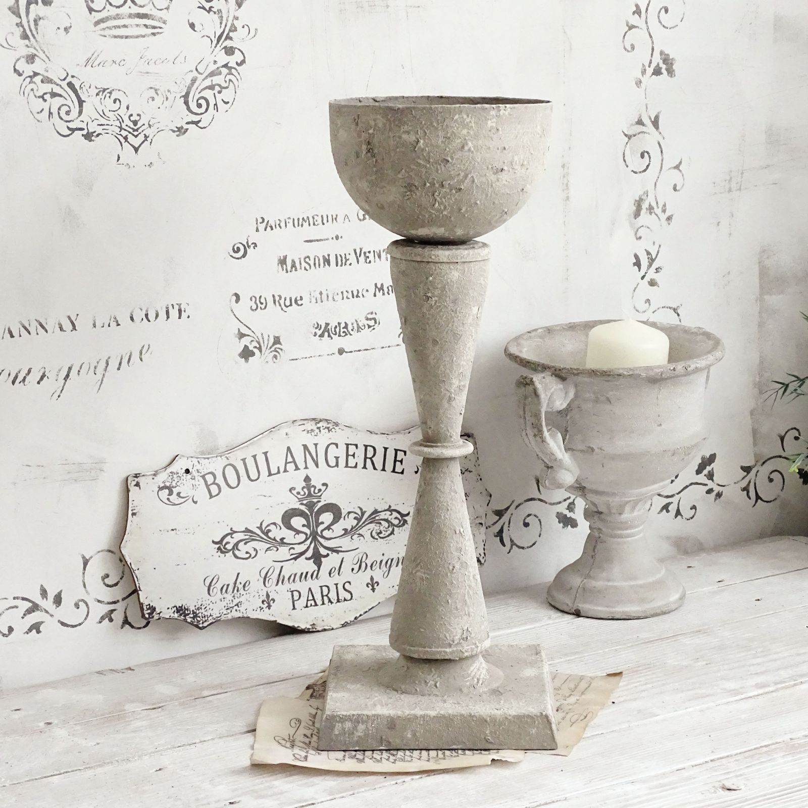 Tall Metal Urn Vase Stone Effect, Gray Distressed Trophy Cup, Shabby Chic Planter, Pedestal Plant Pot photo Home Decor