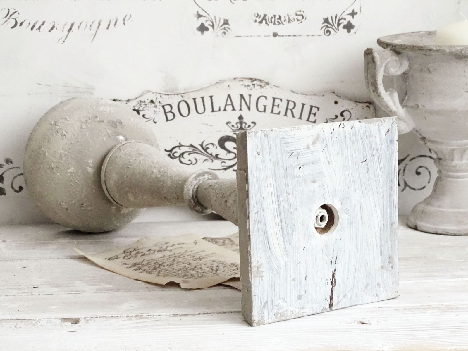 photo furniture Tall Metal Urn Vase Stone Effect, Gray Distressed Trophy Cup, Shabby Chic Planter, Pedestal Plant Pot