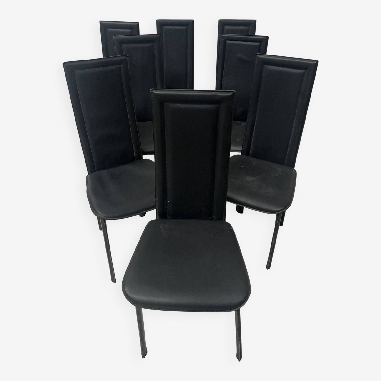 Set Of Eight Designer Chairs In Black Leather From The 20th Century