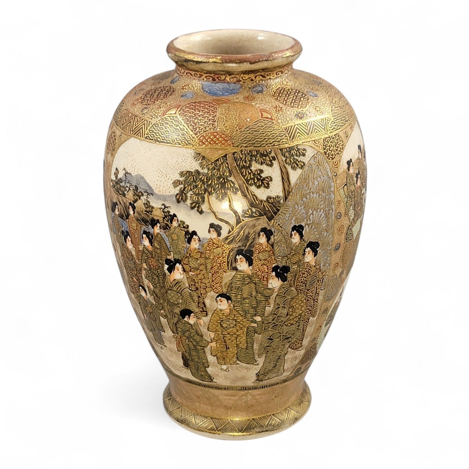 Antique Japanese Satsuma Vase With Gilt Moriage Court Figures By Gyokuzan, Meiji Era