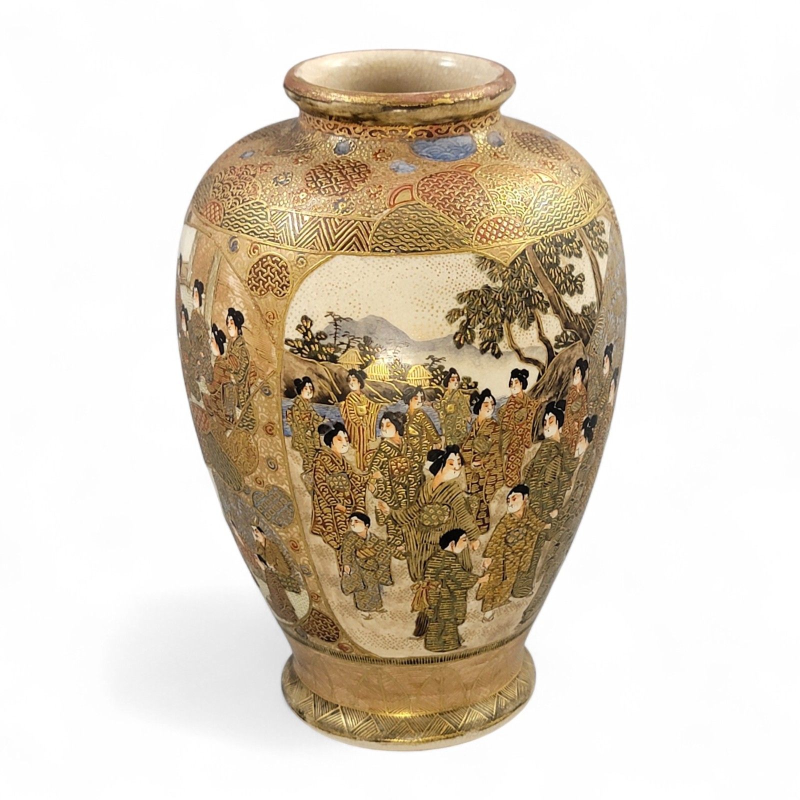Antique Japanese Satsuma Vase With Gilt Moriage Court Figures By Gyokuzan, Meiji Era photo 1650.0