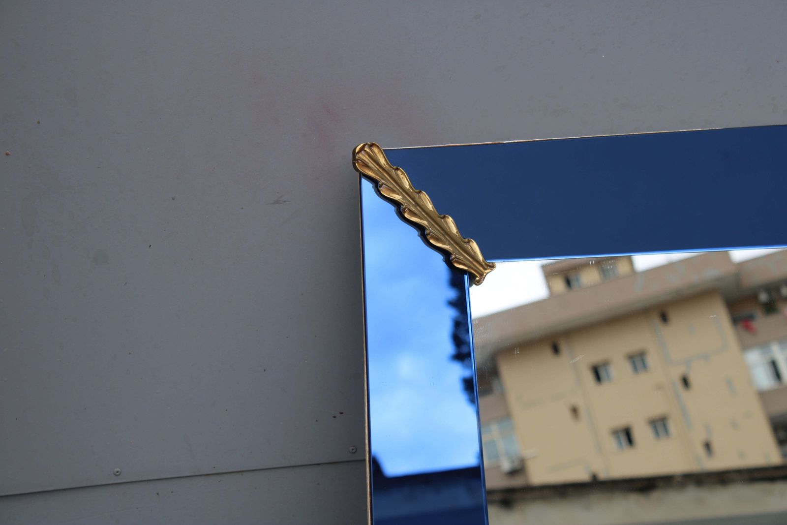 Cobalt Blue Rectangular Mirror With Brass By Pietro Chiesa, 1940, Fontana Arte photo vintage