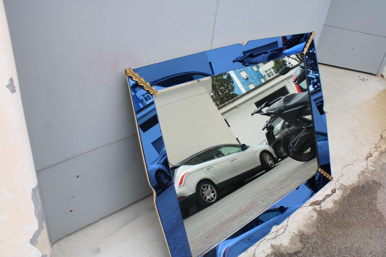 Home Decor Cobalt Blue Rectangular Mirror With Brass By Pietro Chiesa, 1940, Fontana Arte photo