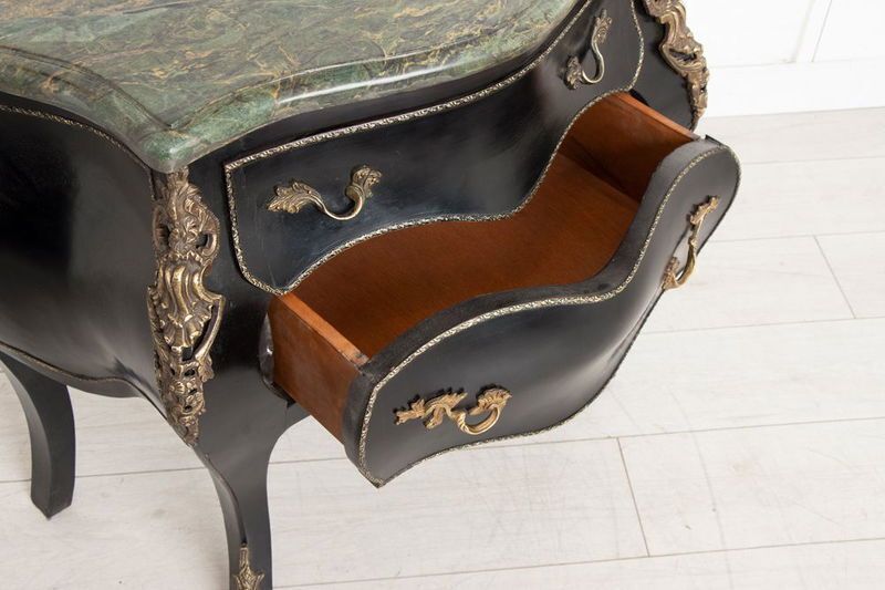 photo furniture Early 20th Century Antique Pair Of Ebonised Bombe Fronted French Commodes