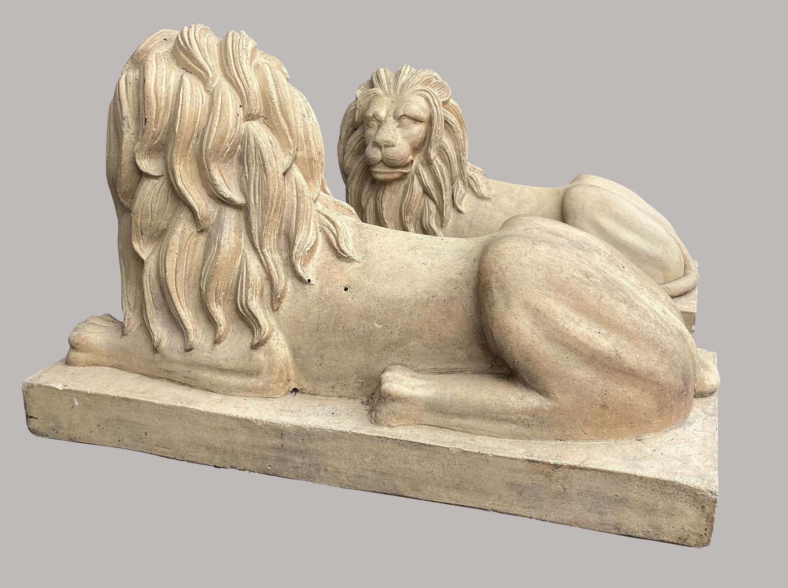 Spectacular C19th Very Large Pair Of Buff Terracotta Lions photo buy