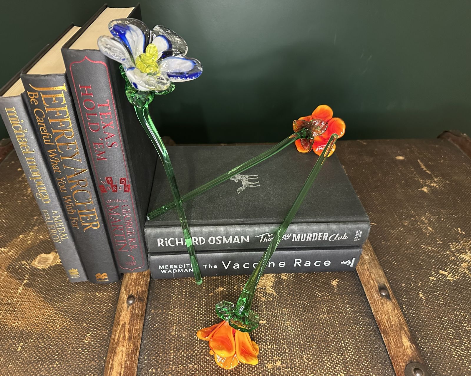 A Collection Of Colourful Mouth Blown Glass Flowers photo for sale