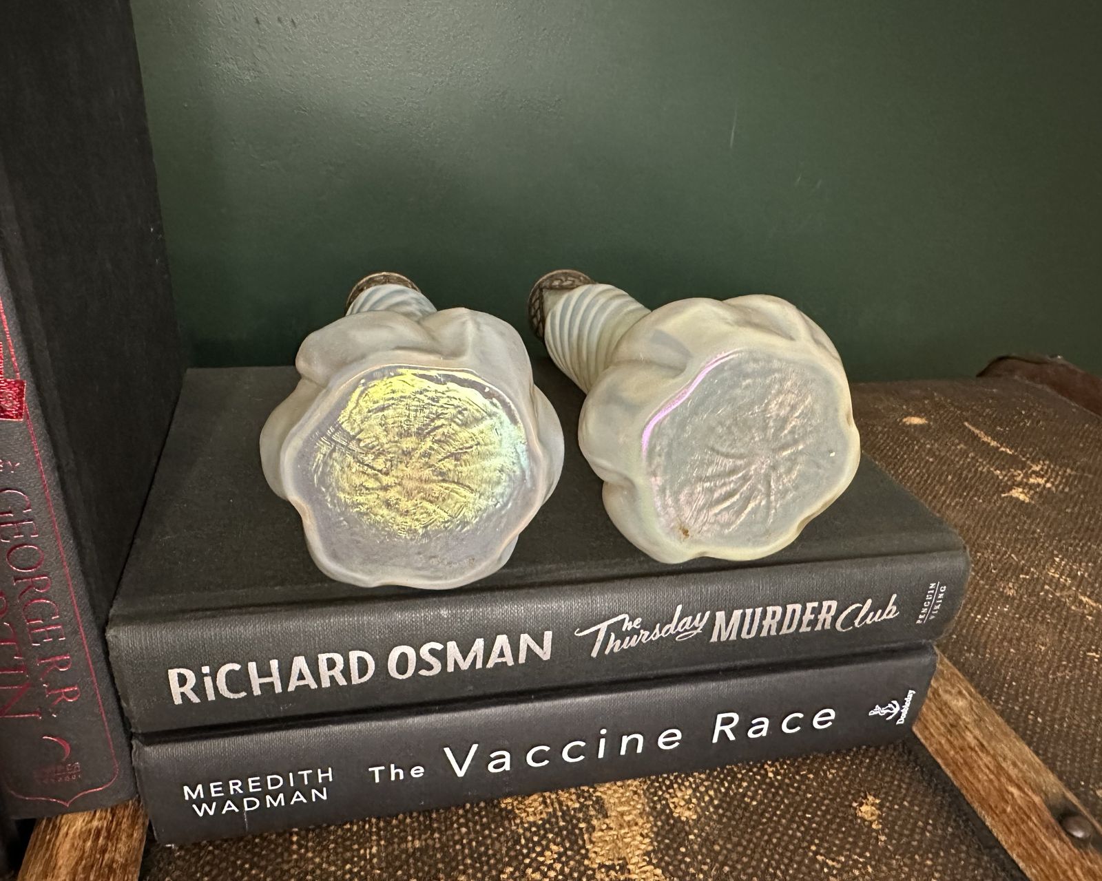 A Pair Of Intricate Iridescent Art Glass Vases photo furniture