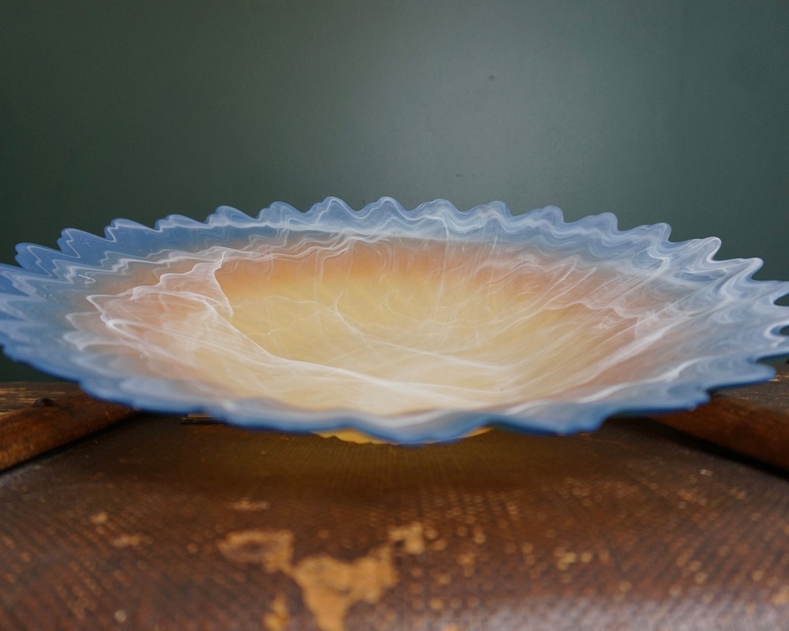 Large Art Glass Bowl, In Blue, Yellow And Orange photo 50.0
