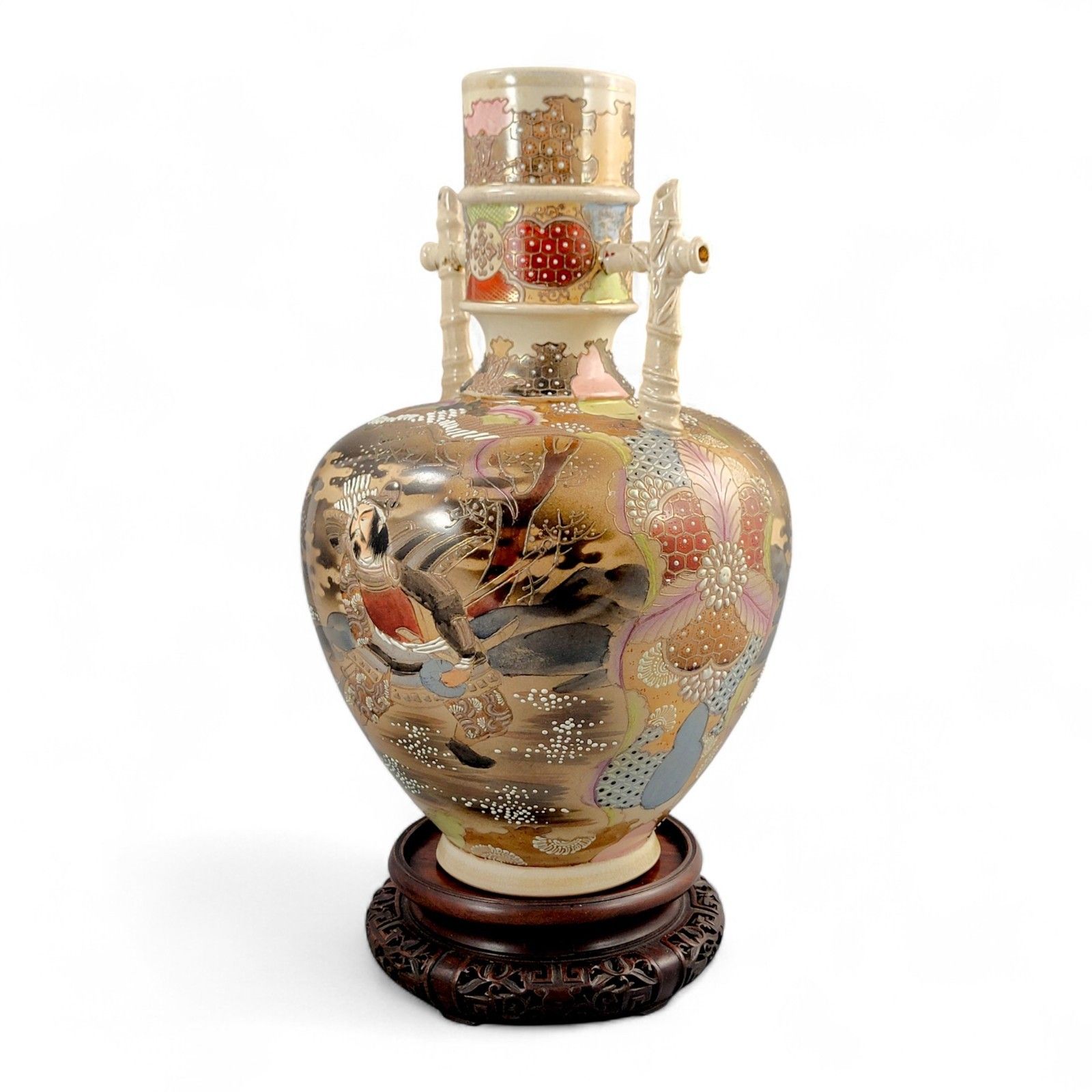 Large Satsuma Samurai Vase By Kinkozan, Rare Bamboo Handle Form, Meiji Japan C. 1875, 38 Cm photo furniture