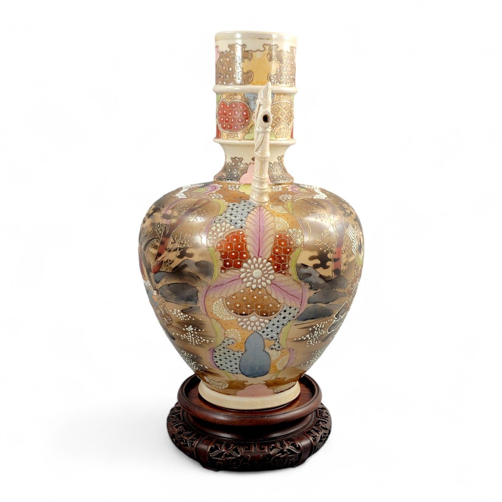 Large Satsuma Samurai Vase By Kinkozan, Rare Bamboo Handle Form, Meiji Japan C. 1875, 38 Cm photo for sale