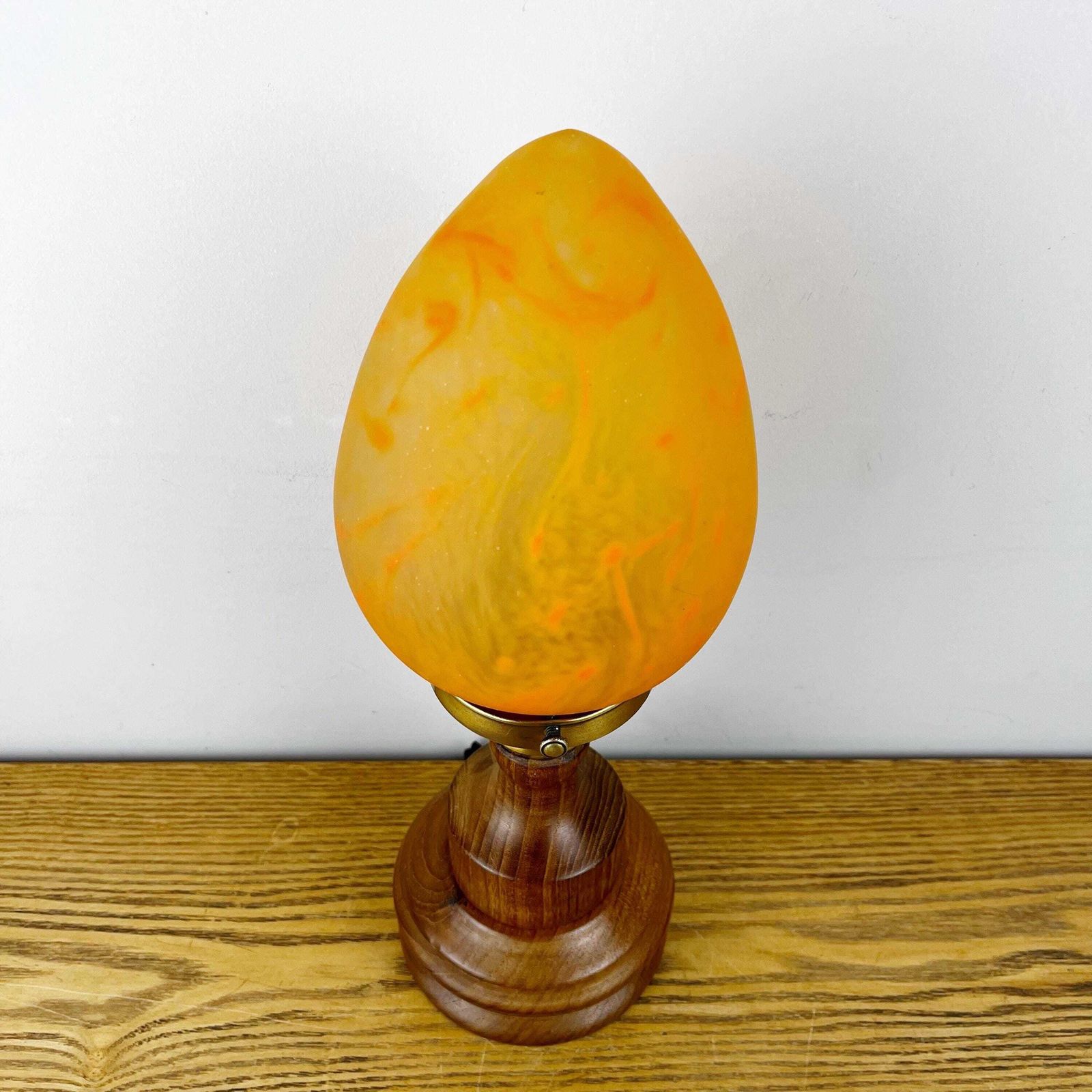 Art Nouveau Wooden Lamp With Orange Glass Teardrop Shade. photo vintage