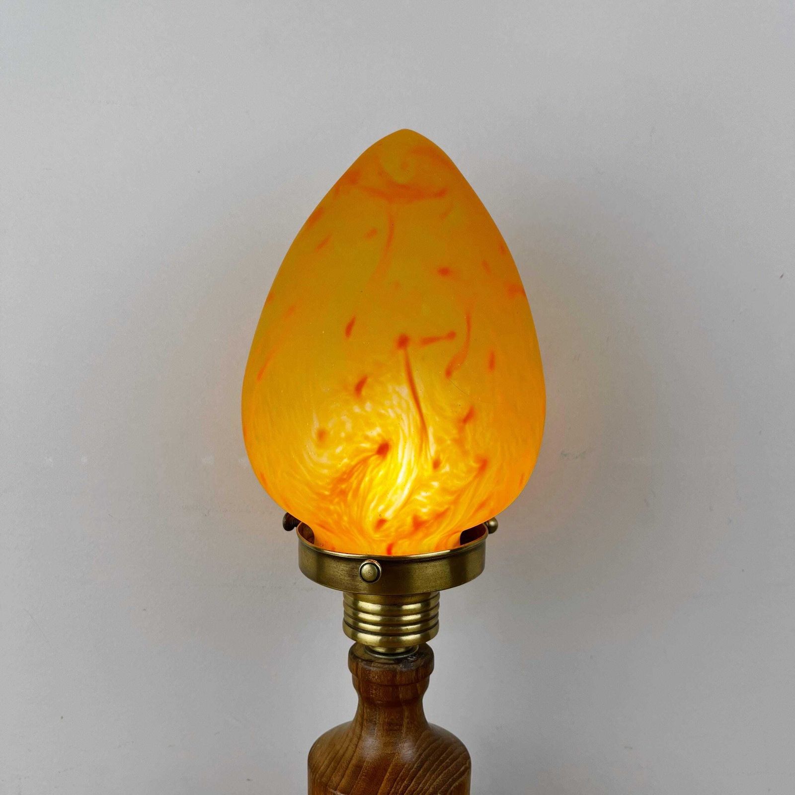 photo vinterior Art Nouveau Wooden Lamp With Orange Glass Teardrop Shade.