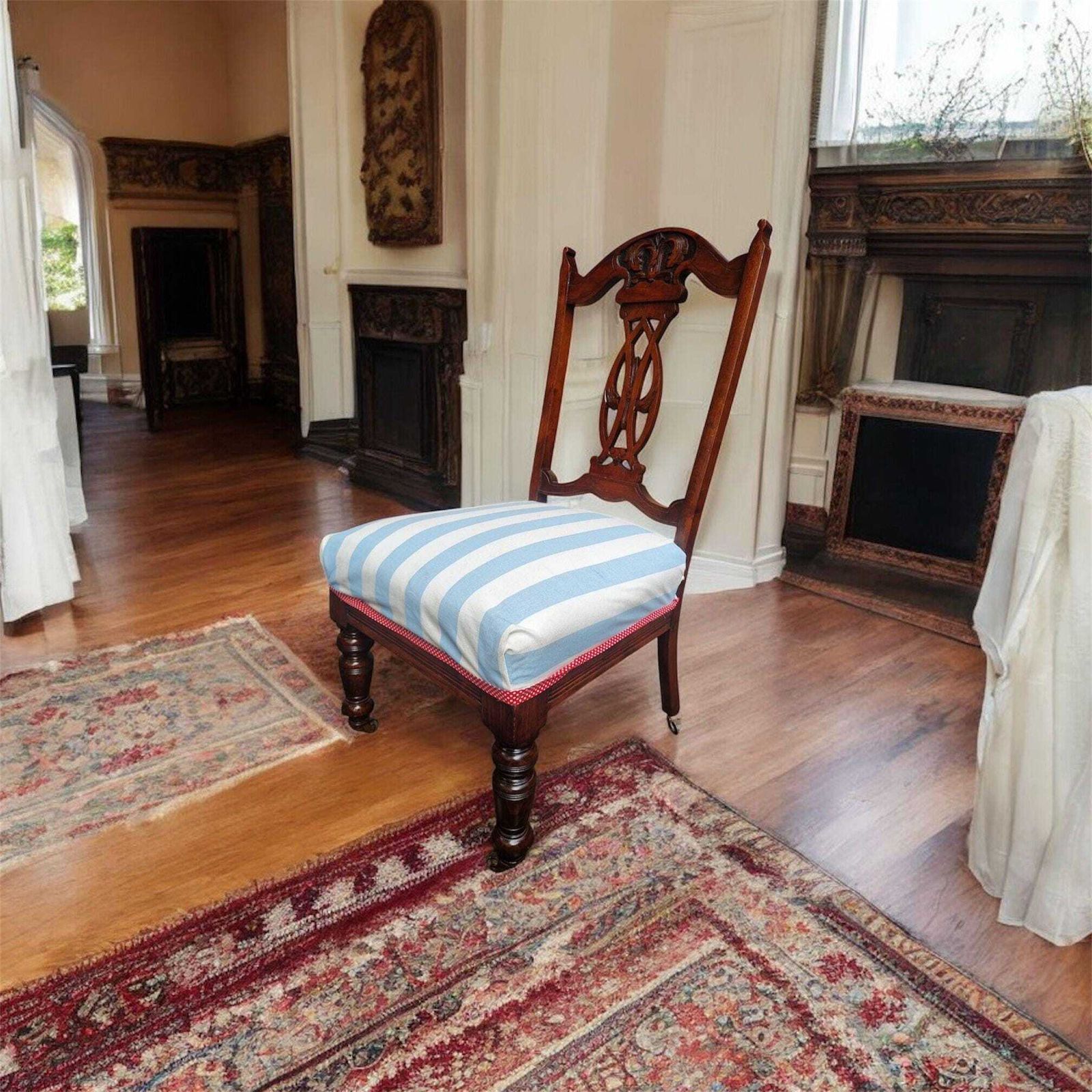 Antique Edwardian Mahogany Chair / Reupholstered In Coastal Stripe Fabric / C.1900–1910 / Free Delivery