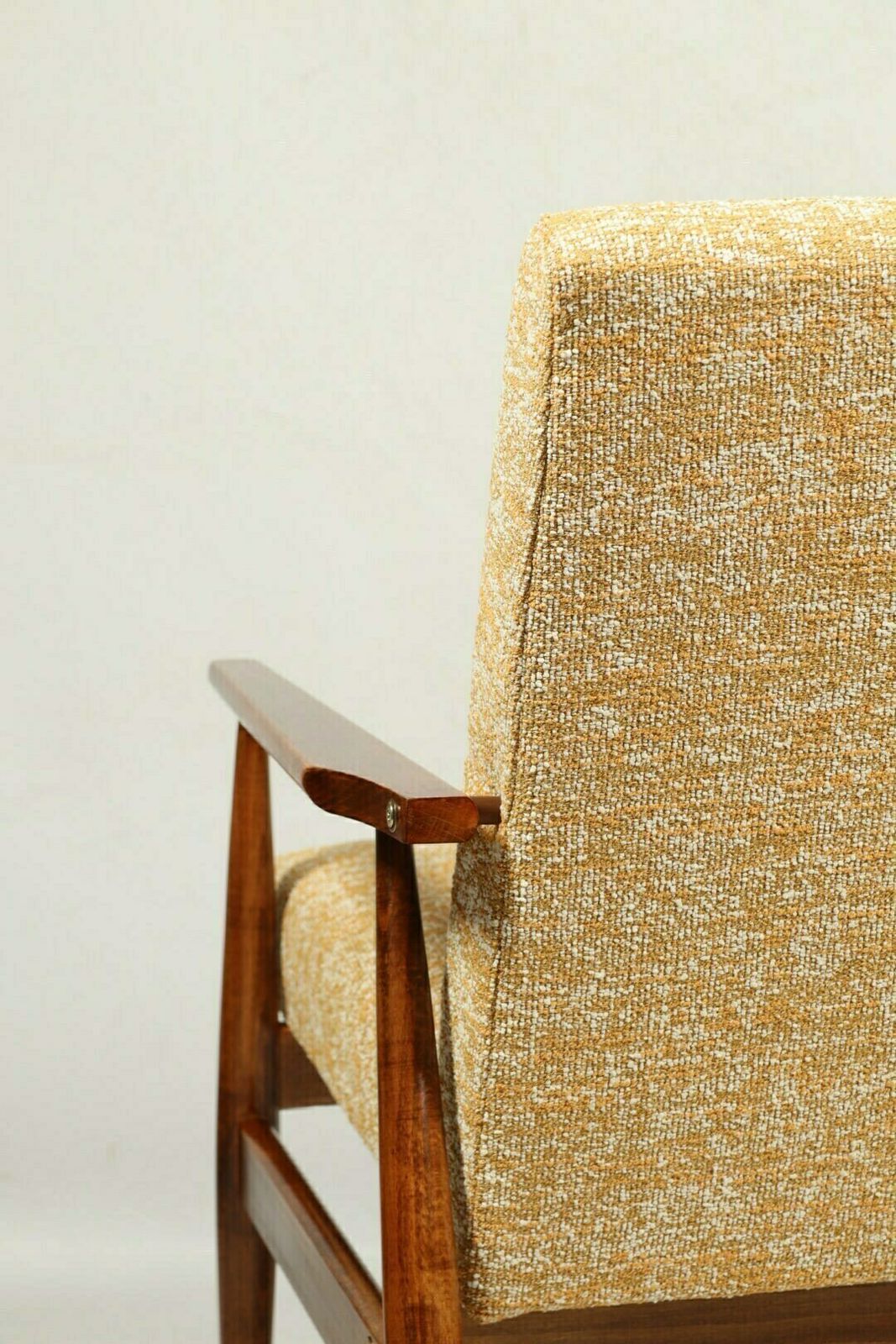 Vintage Armchair Yellow Mellow Fabric Natural Wood Mid Century Modern Design photo 349.0