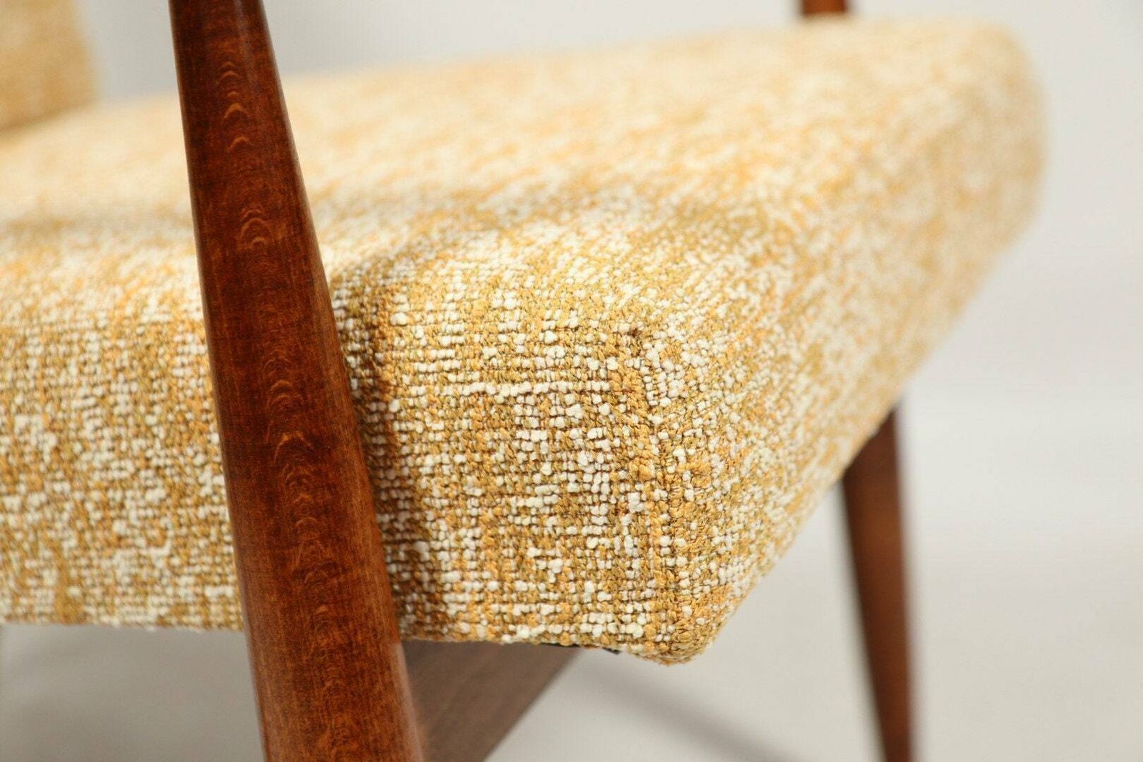 photo furniture Vintage Armchair Yellow Mellow Fabric Natural Wood Mid Century Modern Design