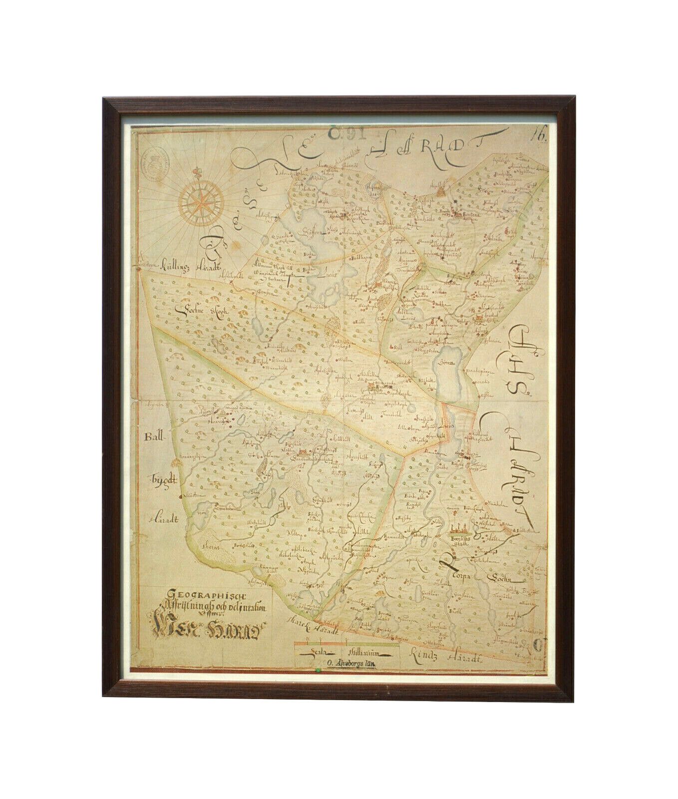 Vintage  Print Of Antique Geographisch  Map 1600s, Sweden  Framed 62cmx49cmx2cm