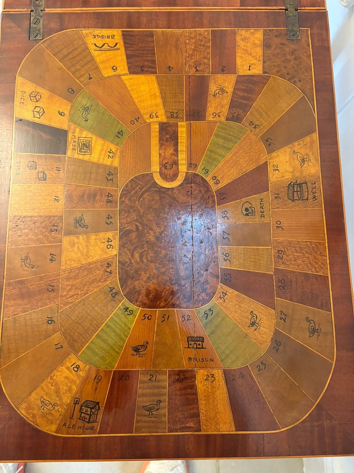 Antique Early 20th Century Inlaid Folding Game Table Featuring “The Royal And Pleasant Game Of Goose” photo Furniture
