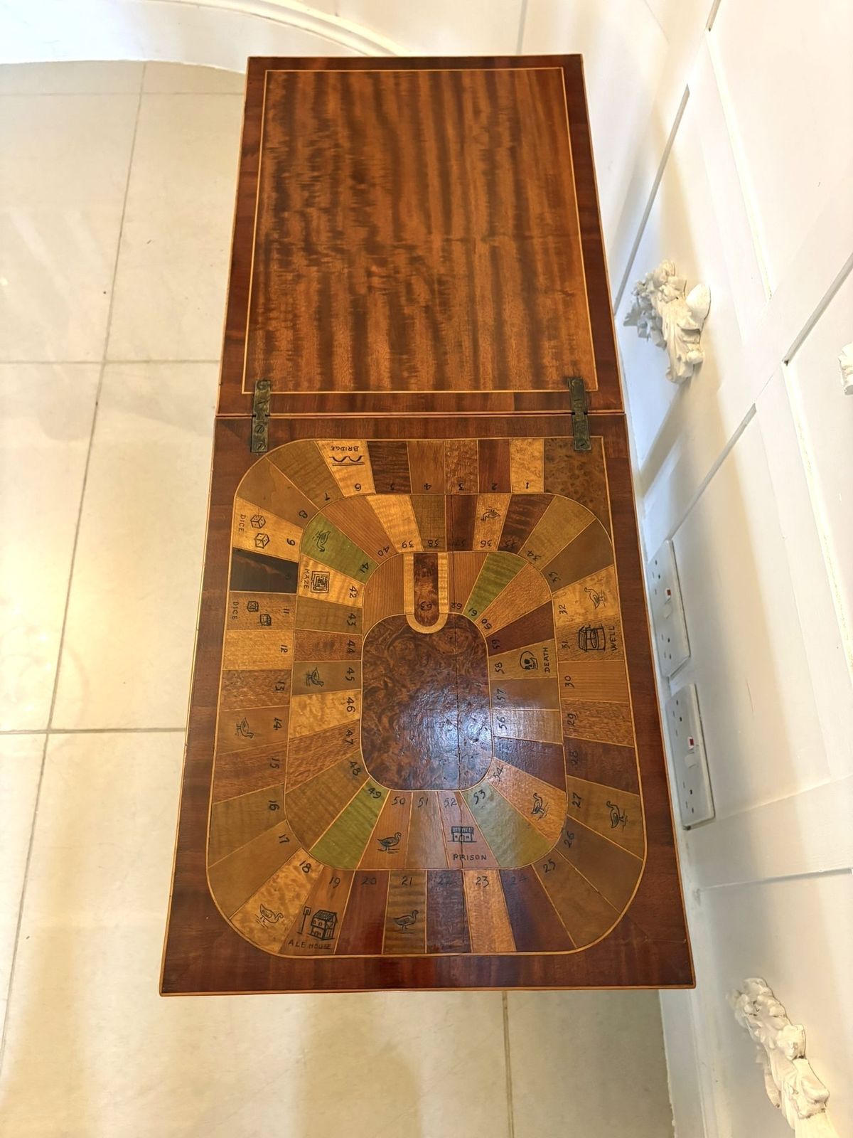 photo buy Antique Early 20th Century Inlaid Folding Game Table Featuring “The Royal And Pleasant Game Of Goose”