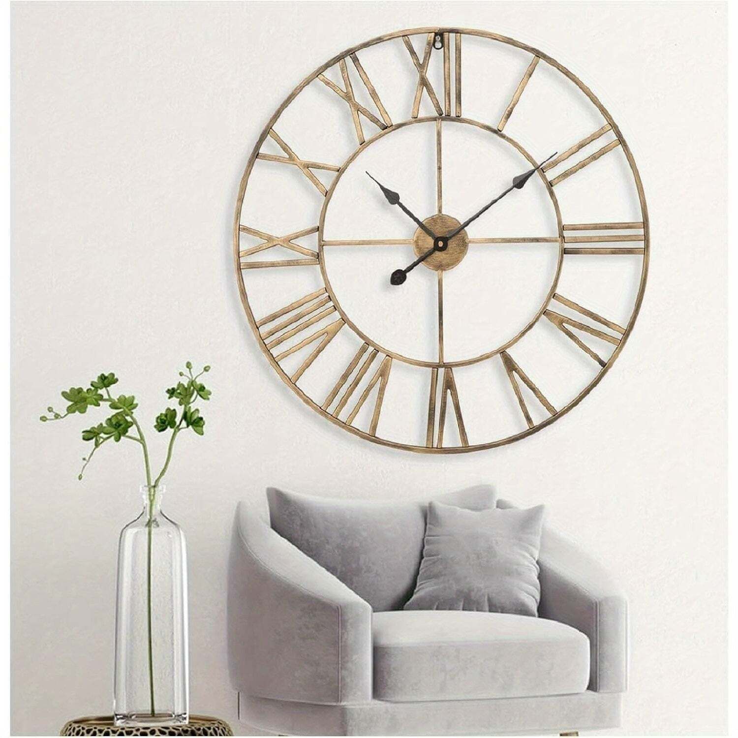 Vintage Metal Wall Clock Silent Roman Numerals photo furniture