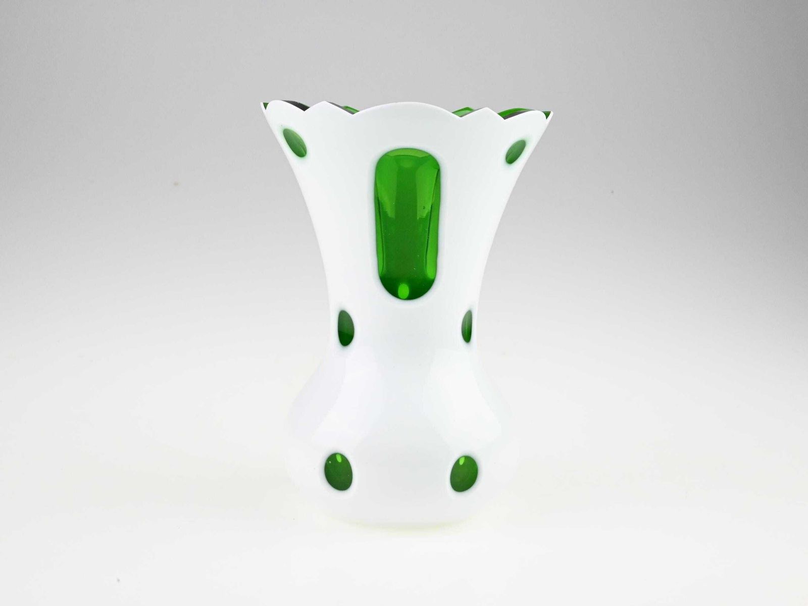 Antique Glass Vase With Green Spots And Cut Outs, Green And White Glass Vase, Czech Glass Vase, Mid Century Vase, Glass Vase, Handmade Vase photo furniture