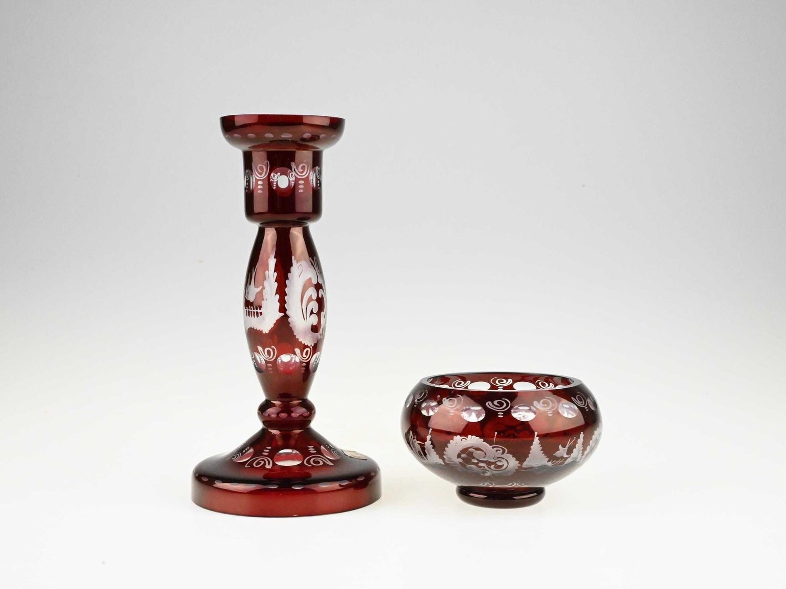 Egermann Ruby Red Glass Candle Holder & Bowl Set, Egermann Candle Holder, Egermann Bowl, Red Cut Glass, Red Cut To Clear Glass, Red Glass photo 106.0