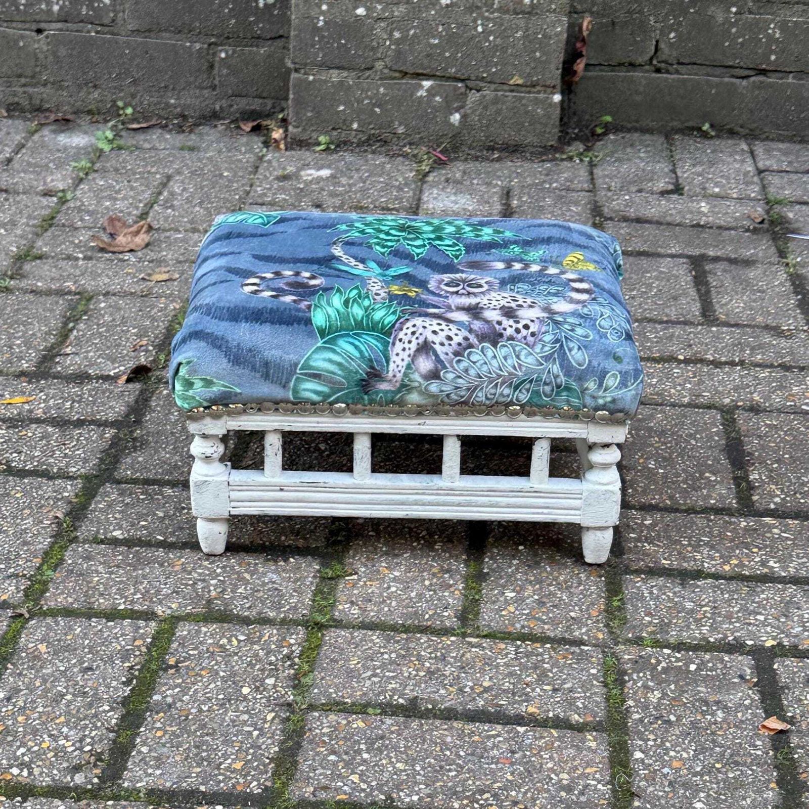 Vintage Reupholstered Stool With Botanical Animal Print Fabric – Distressed Painted Wooden Frame / Eclectic Footstool Or Accent Seat, Lemurs