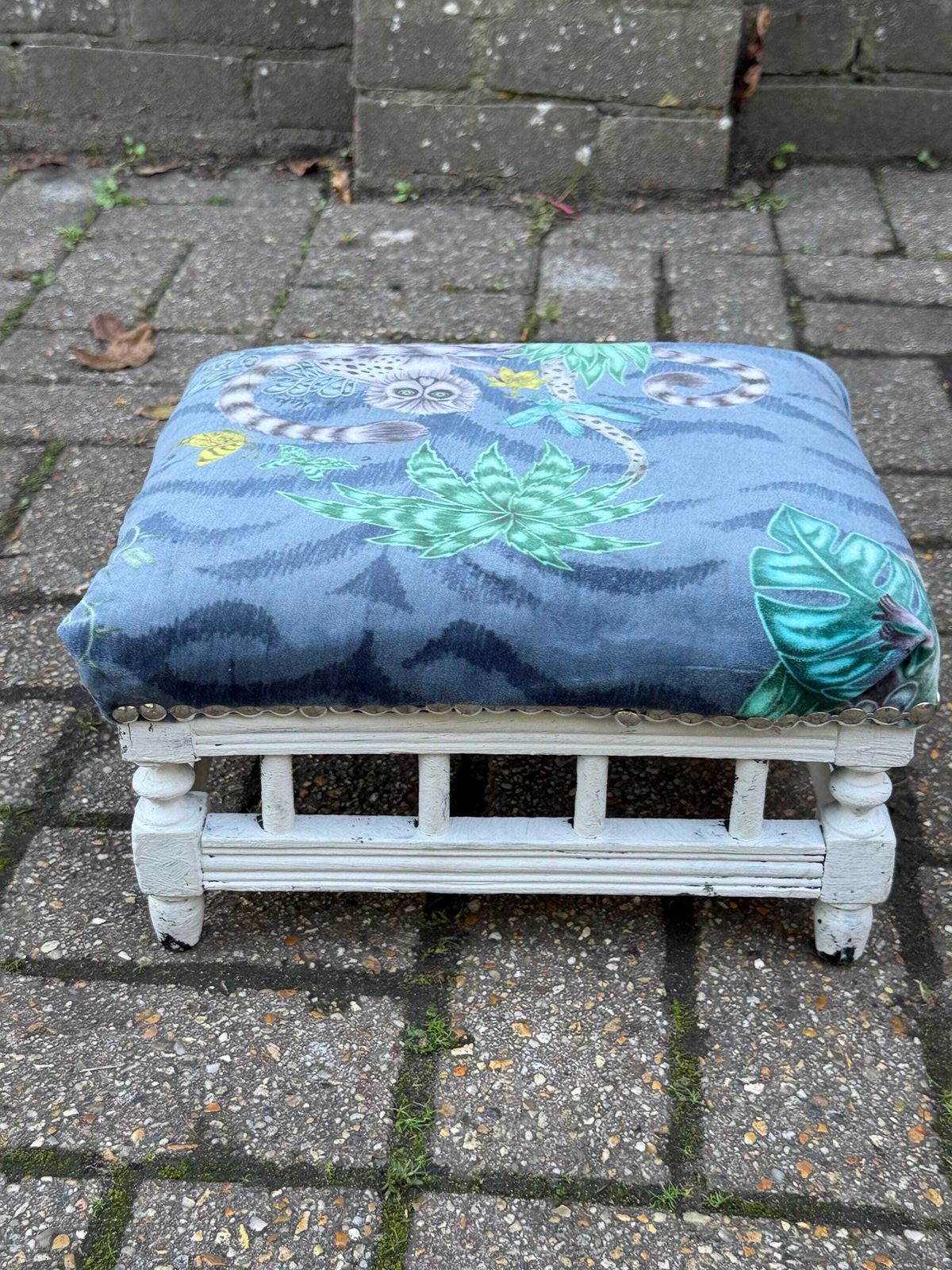 Vintage Reupholstered Stool With Botanical Animal Print Fabric – Distressed Painted Wooden Frame / Eclectic Footstool Or Accent Seat, Lemurs photo Furniture