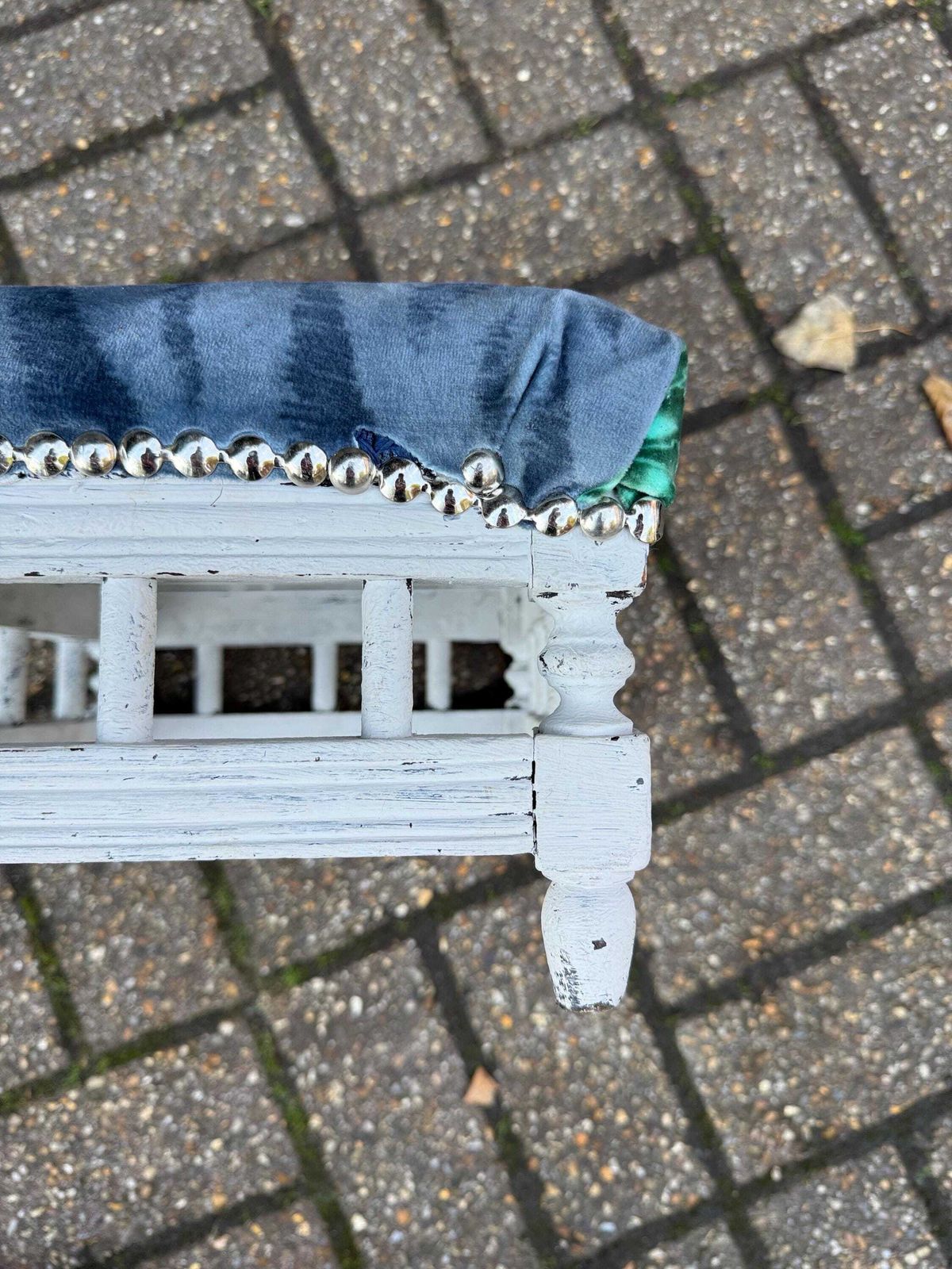 Furniture Vintage Reupholstered Stool With Botanical Animal Print Fabric – Distressed Painted Wooden Frame / Eclectic Footstool Or Accent Seat, Lemurs photo
