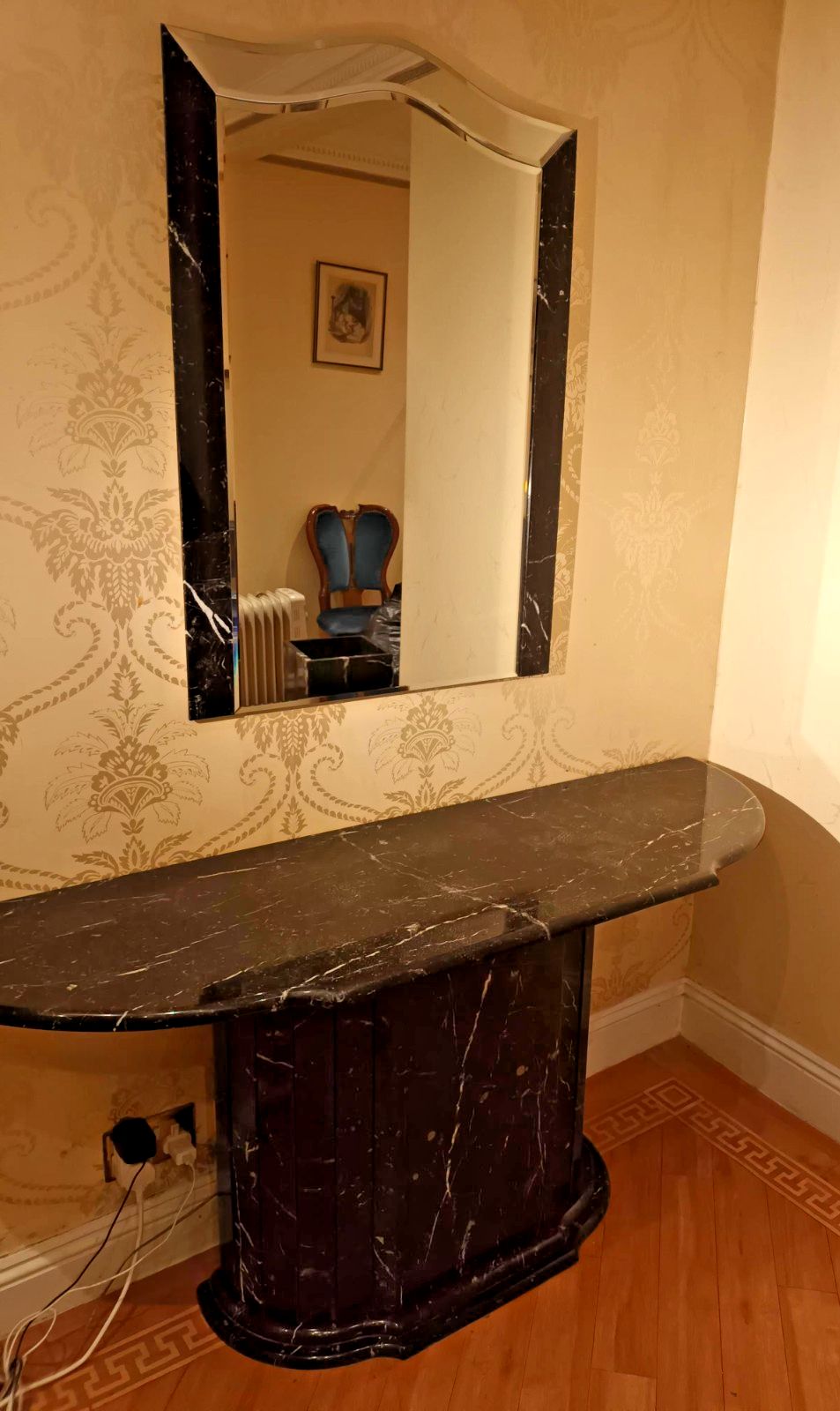 Black Real Italian Marble Designer Console & Mirror, 80s Modern Arte Deco Style photo furniture
