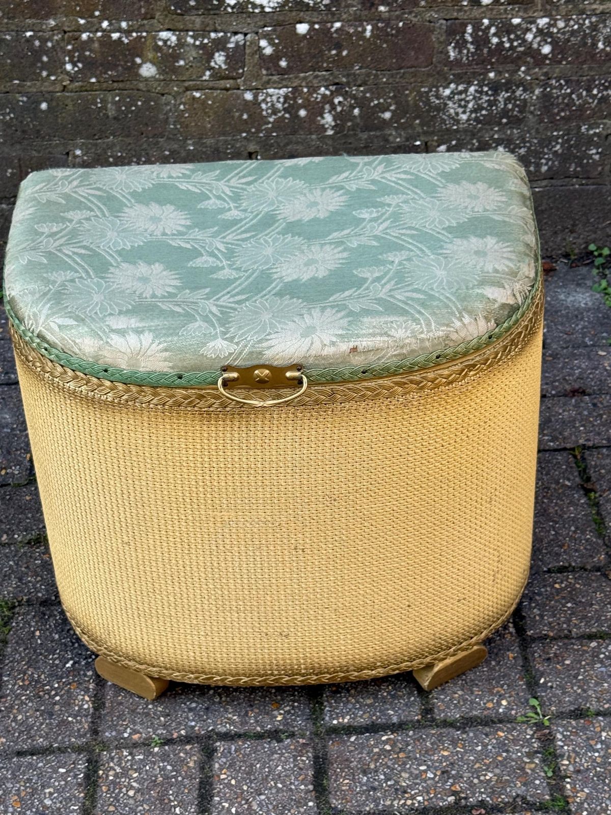 1950s Lloyd Loom Style Laundry Basket – Vgc Gold Wicker Storage Chest With Sage Green Floral Lid, Mid Century Bedroom Decor, Linen Basket photo furniture