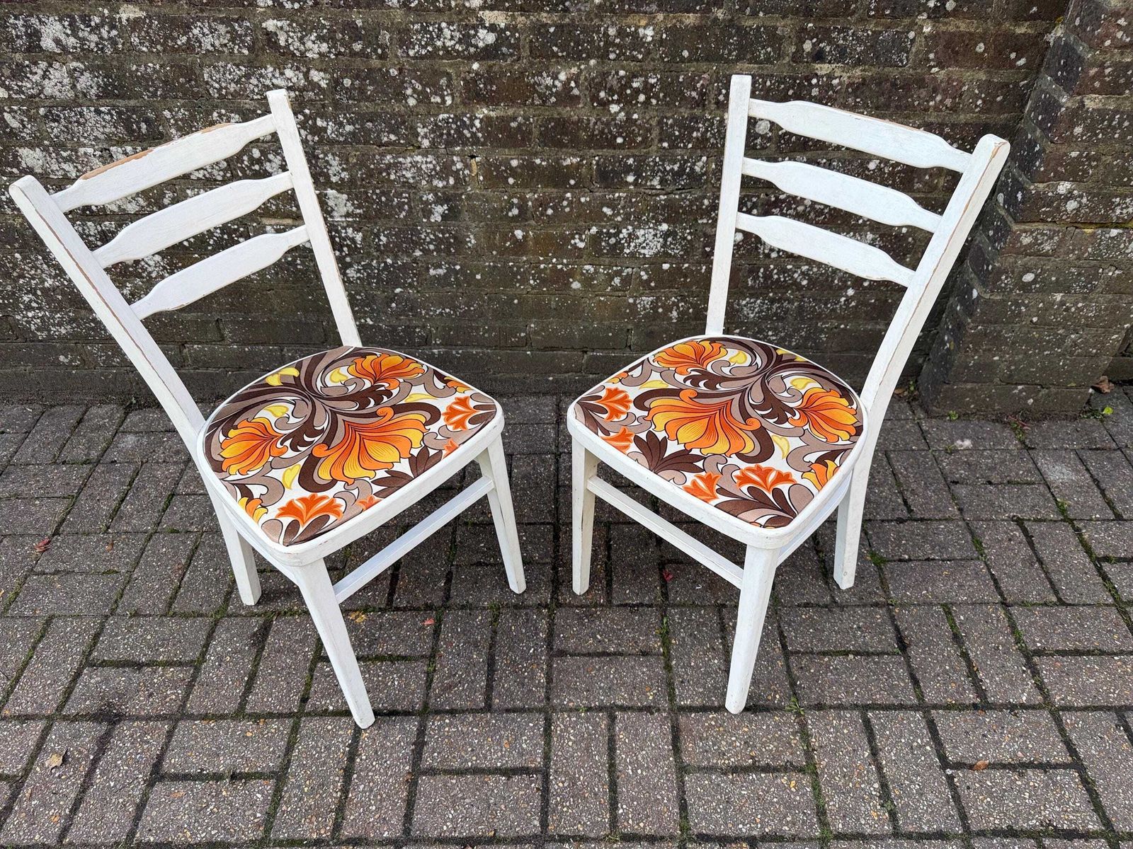 Pair Of 1970s Dining Chairs – Retro Ladderback Chairs With Psychedelic Orange Fabric, Vintage Mid Century Seating, Stamped Or Kitchen Chairs photo furniture