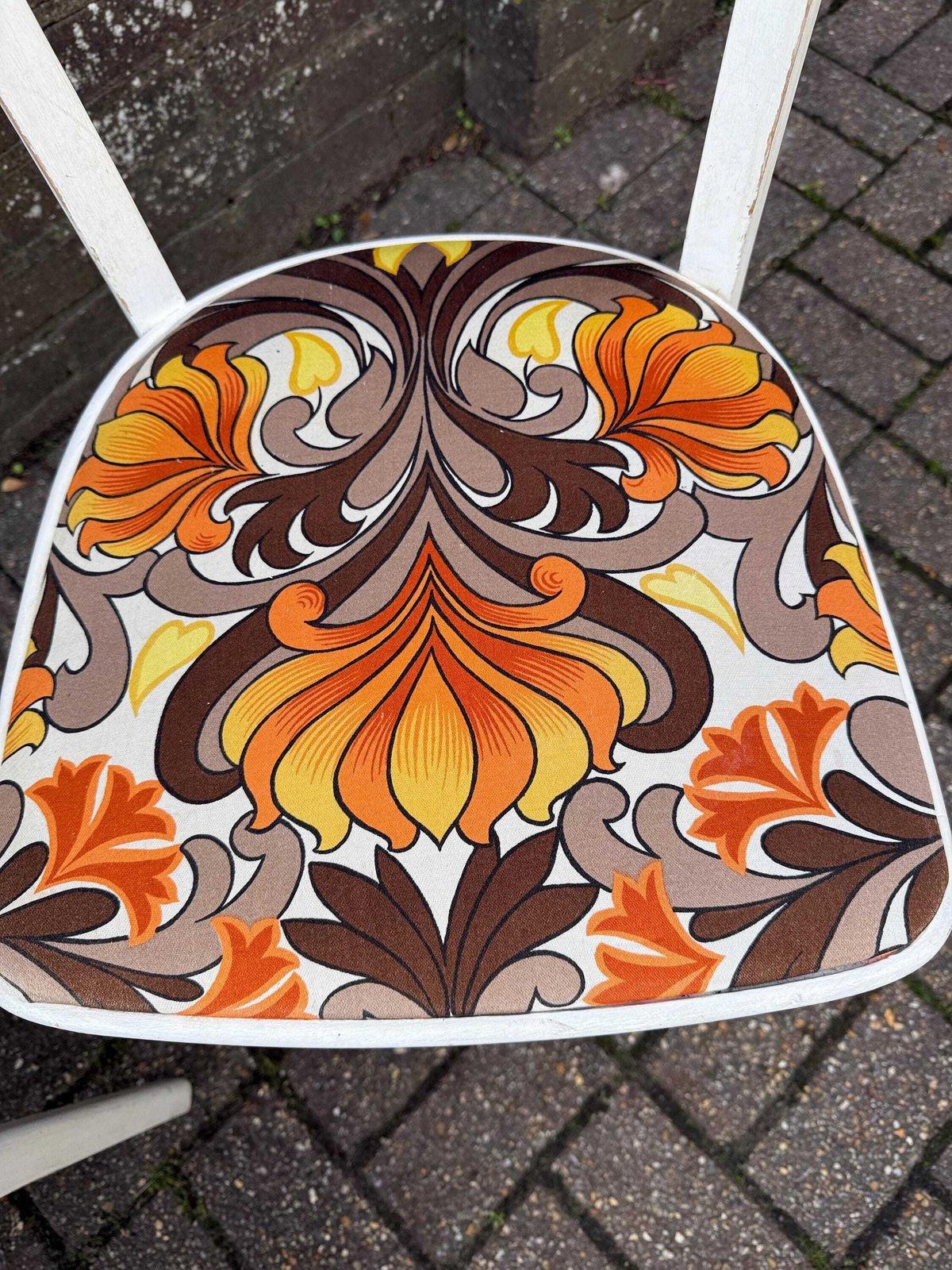Pair Of 1970s Dining Chairs – Retro Ladderback Chairs With Psychedelic Orange Fabric, Vintage Mid Century Seating, Stamped Or Kitchen Chairs photo 195.0