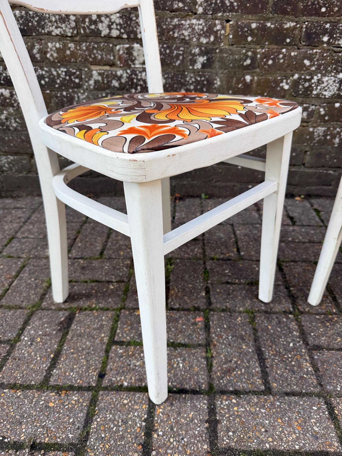 photo vinterior Pair Of 1970s Dining Chairs – Retro Ladderback Chairs With Psychedelic Orange Fabric, Vintage Mid Century Seating, Stamped Or Kitchen Chairs