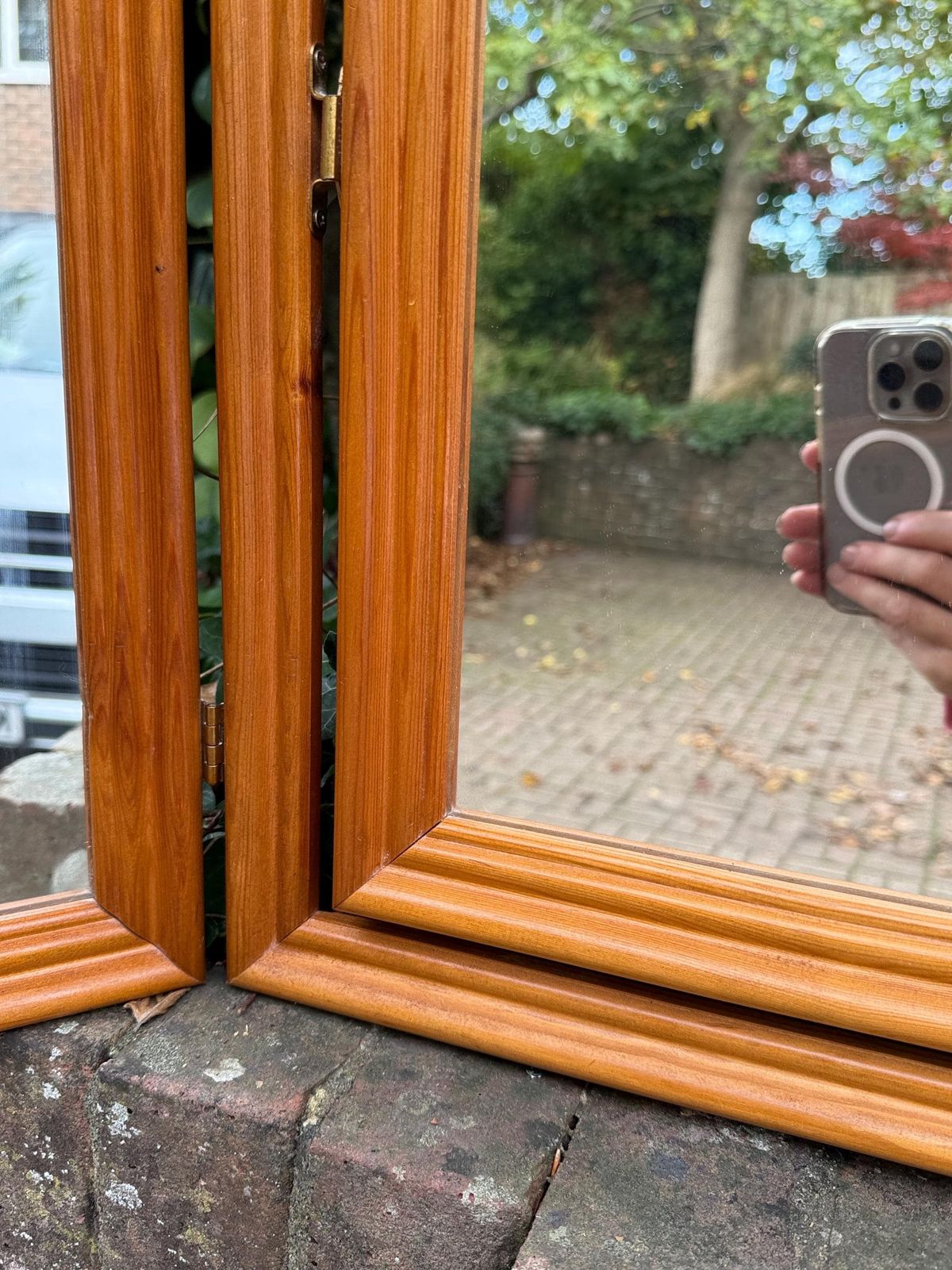 photo for sale Vintage 1980s Pine Tri Fold Dressing Table Mirror – Retro Three Panel Vanity Mirror / Warm Wood Framed Folding Mirror, Vintage Triple Mirror