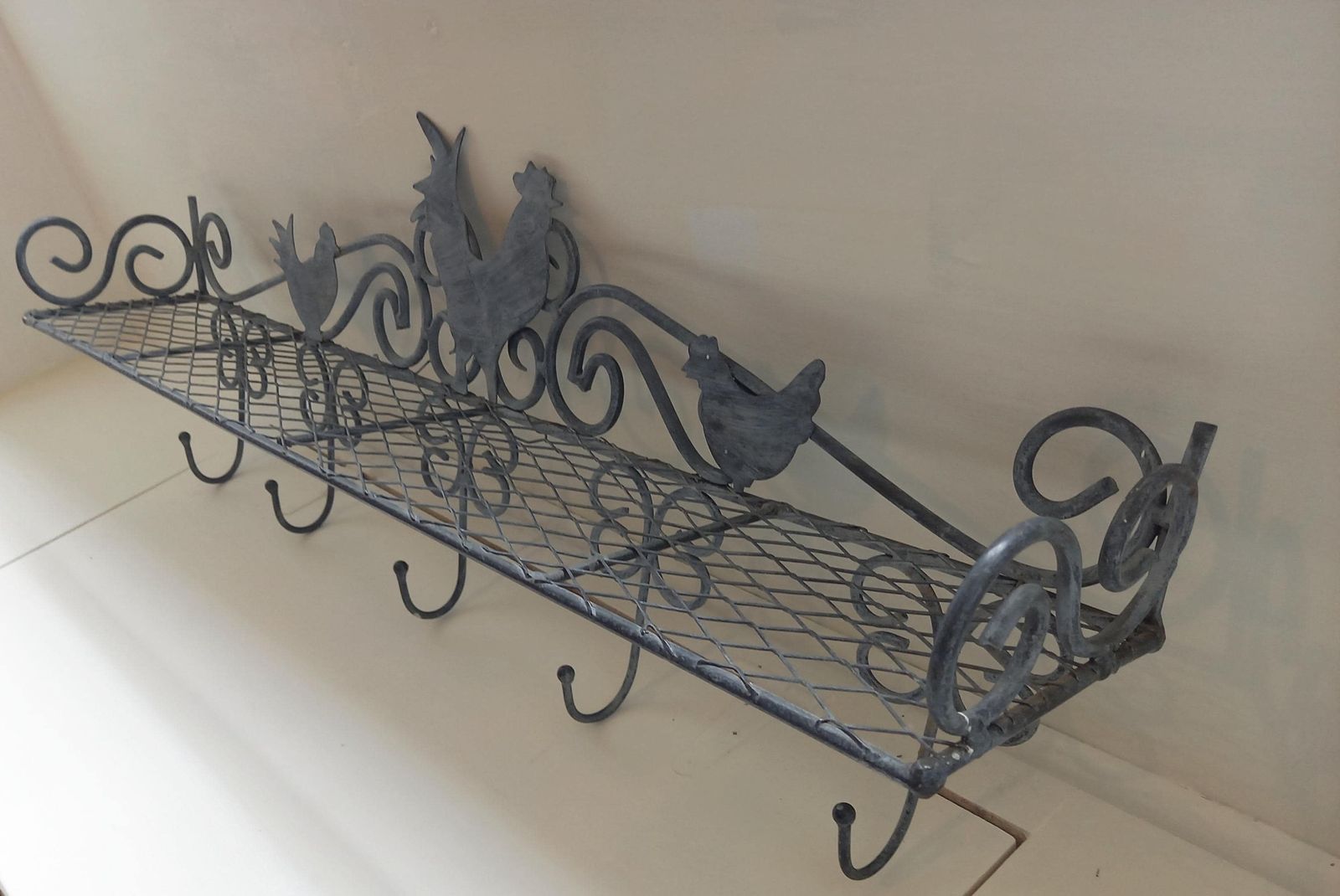 French Vintage Zinc Shelf With Hooks: Farmhouse Chicken Decor photo furniture