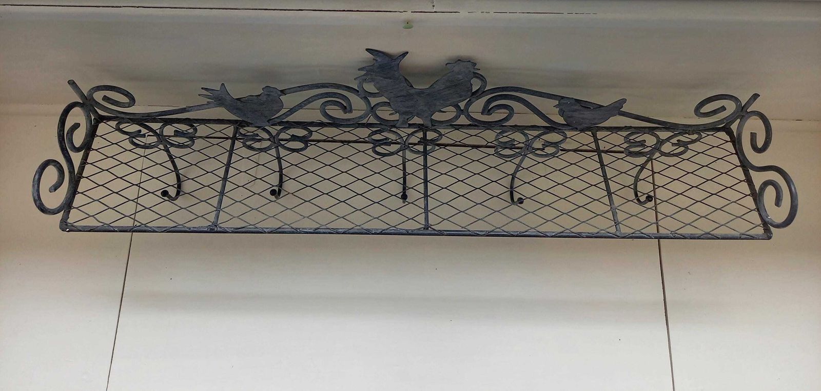 French Vintage Zinc Shelf With Hooks: Farmhouse Chicken Decor photo for sale