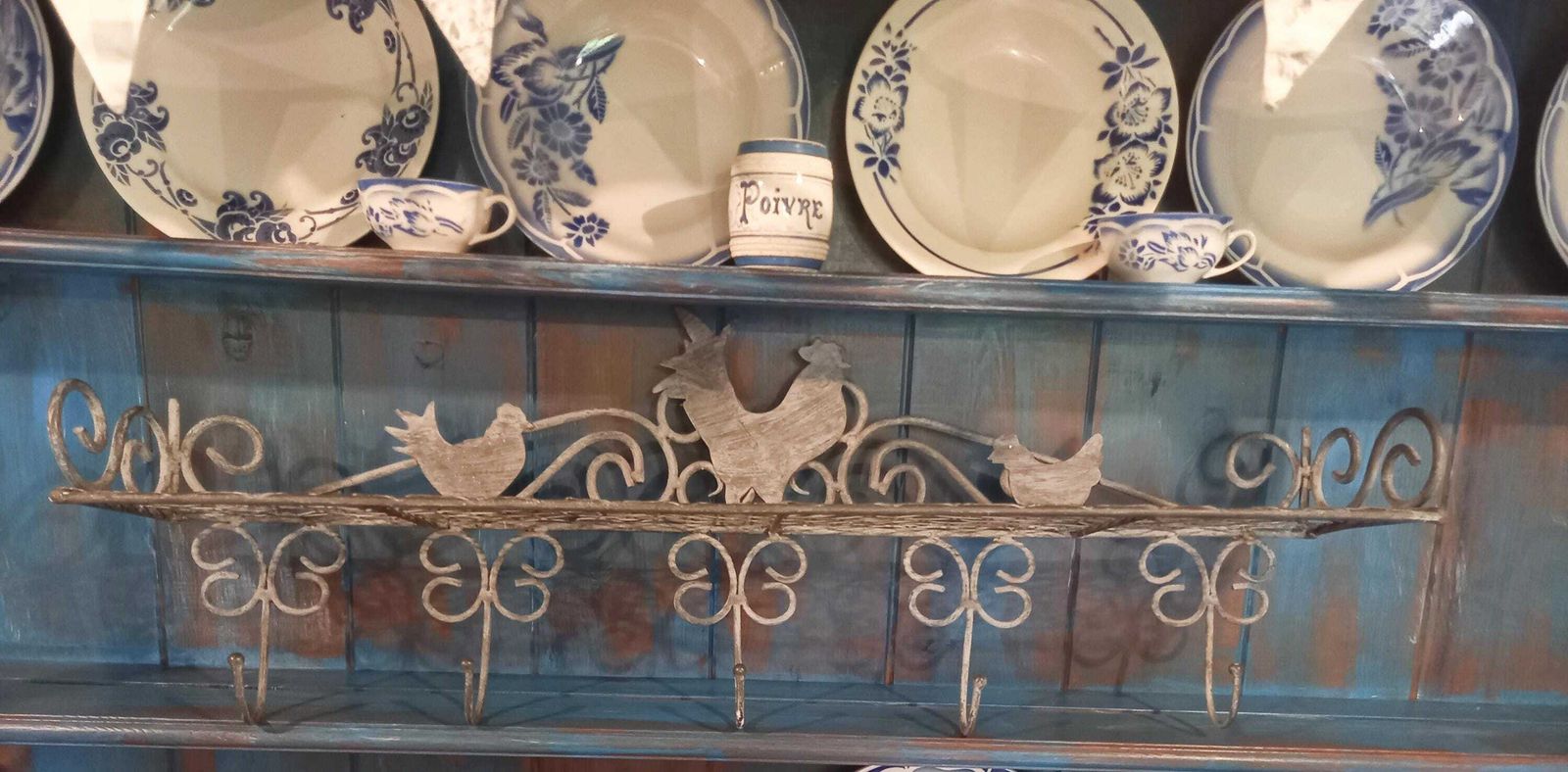 French Vintage Zinc Shelf With Hooks: Farmhouse Chicken Decor photo Furniture