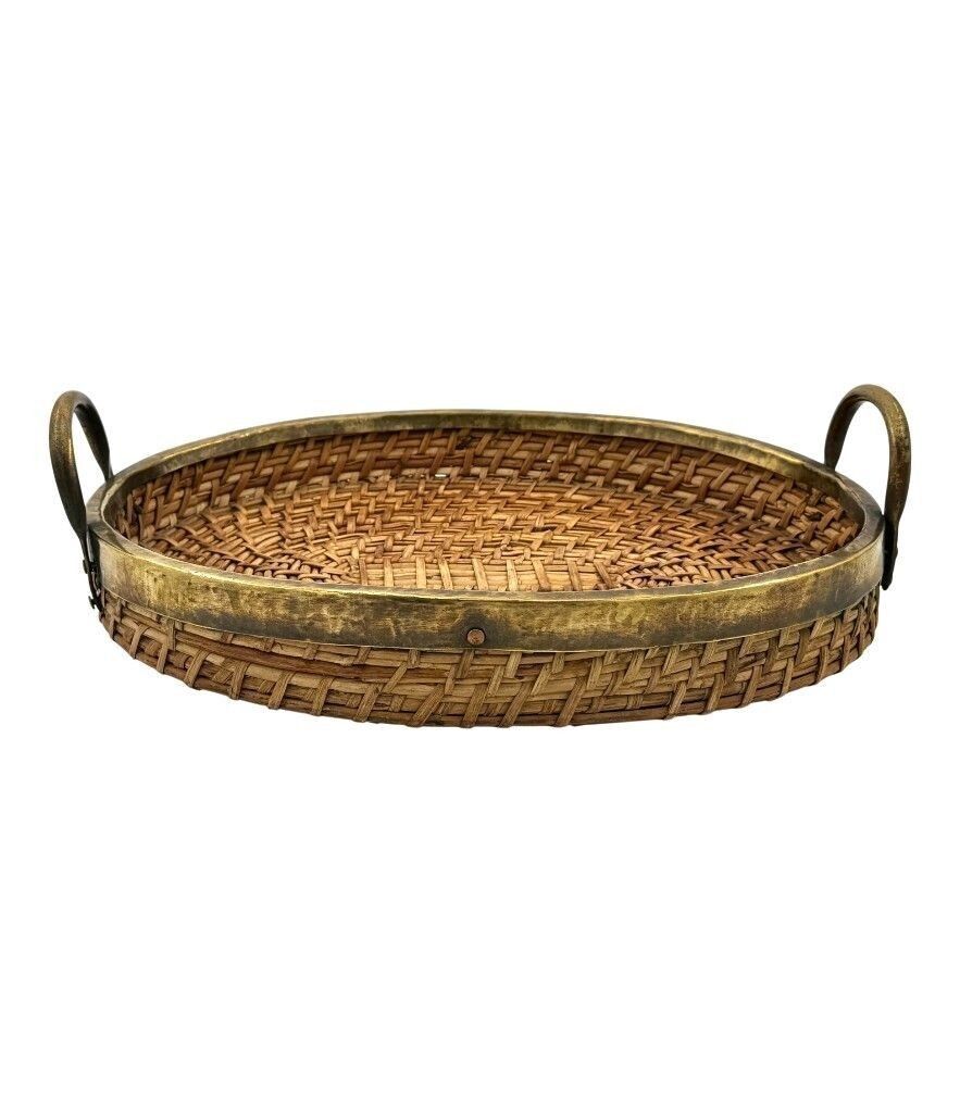 An Italian 1970s Woven Pencil Reed Bamboo And Brass Basket With Two Brass Handles photo furniture