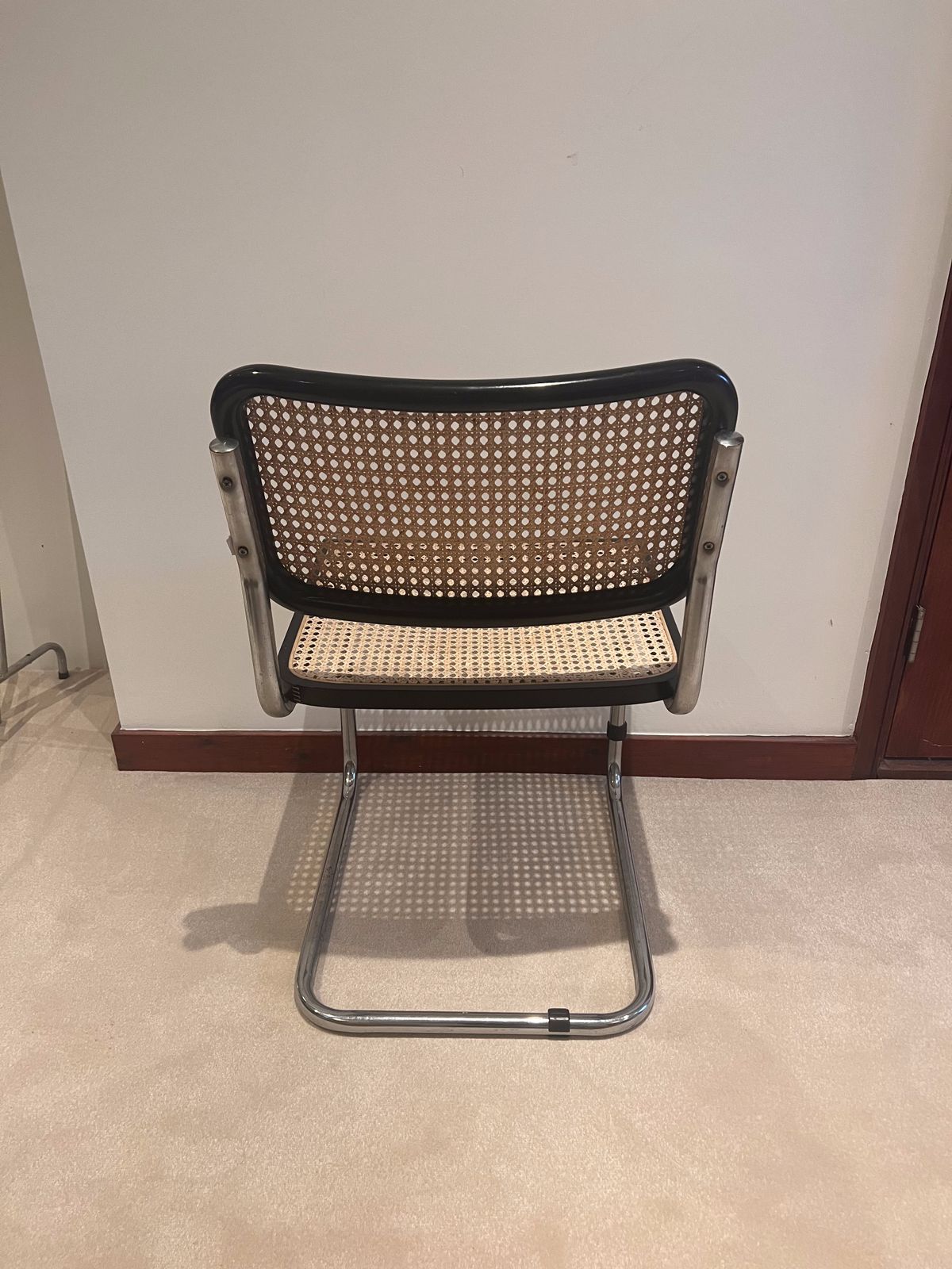 Black Steel Cane Dining Set, 4 Steel Cane Chairs And Matching Black Wooden Dining Table. Vintage Worn In Good Condition. photo for sale