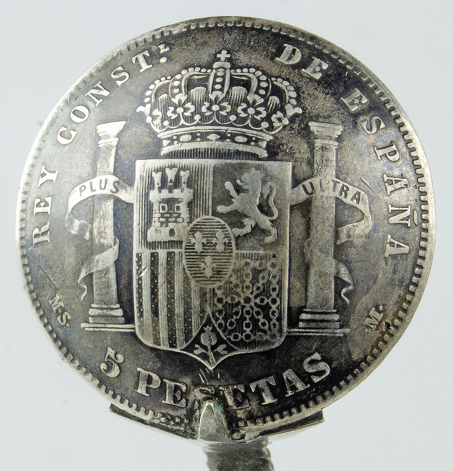 Century Silver Heraldic Souvenir Spoon With 5 Pesetas Coin Bowl Featuring King Alfonso XII, Spain photo buy